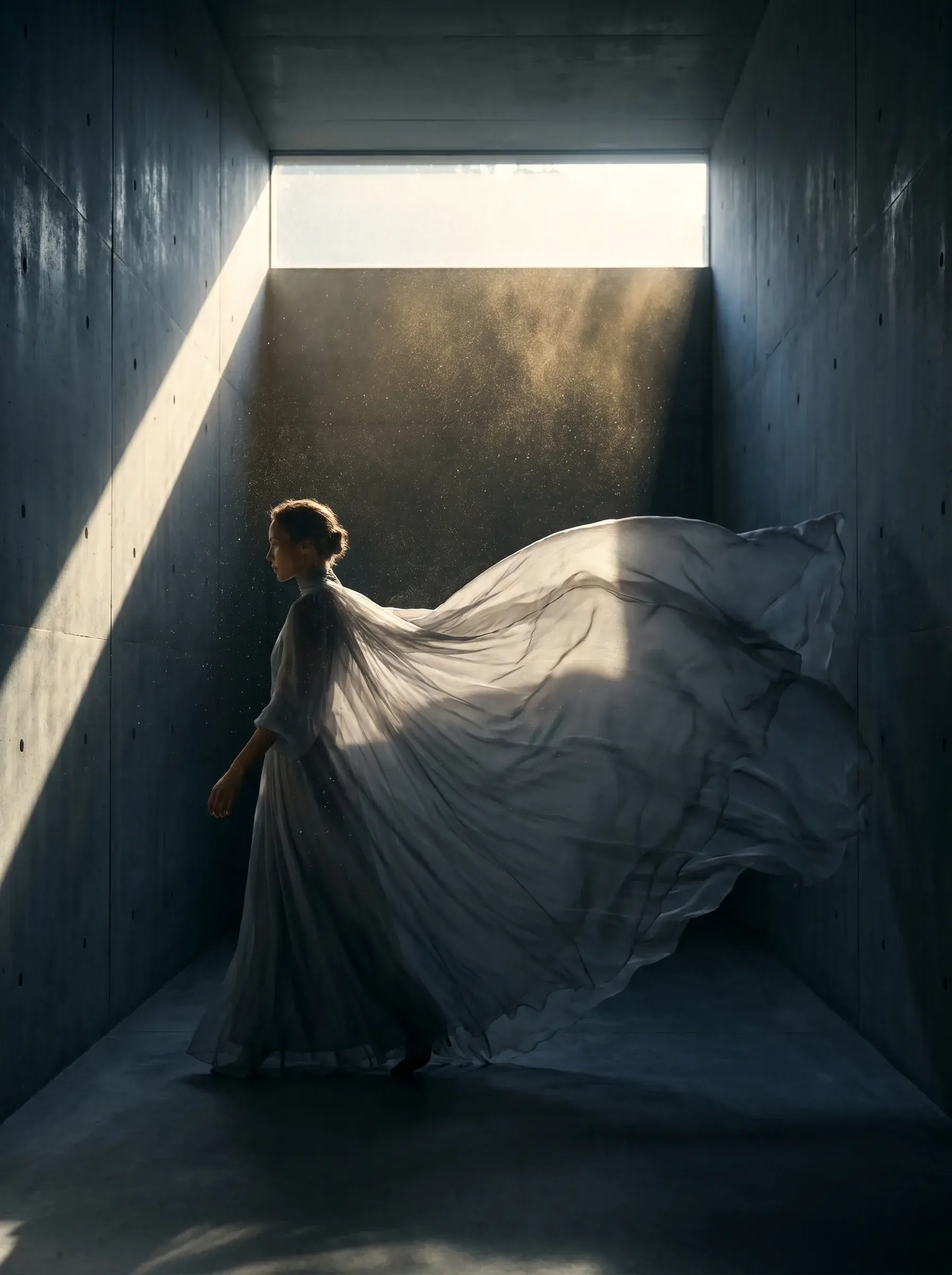 Femme en robe gaze vaporeuse – espace béton rectangulaire, rayon de lumière dorée, particules