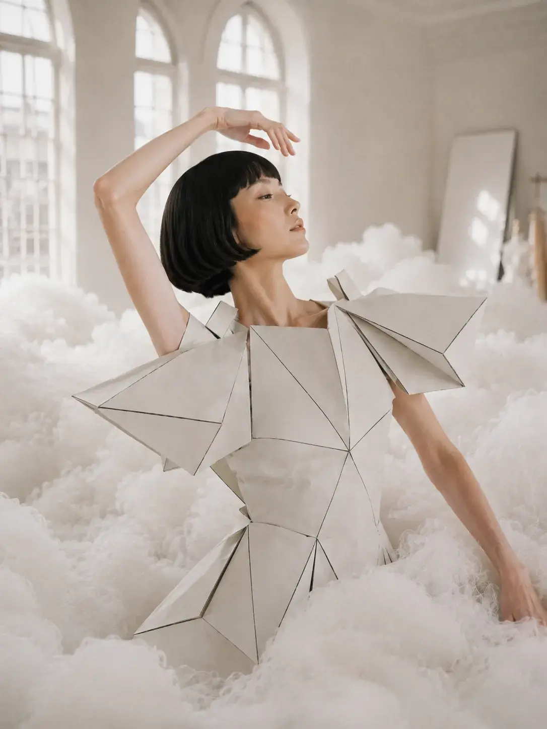 Femme en robe géométrique blanche aux épaulettes sculptées – immergée dans des nuages de coton