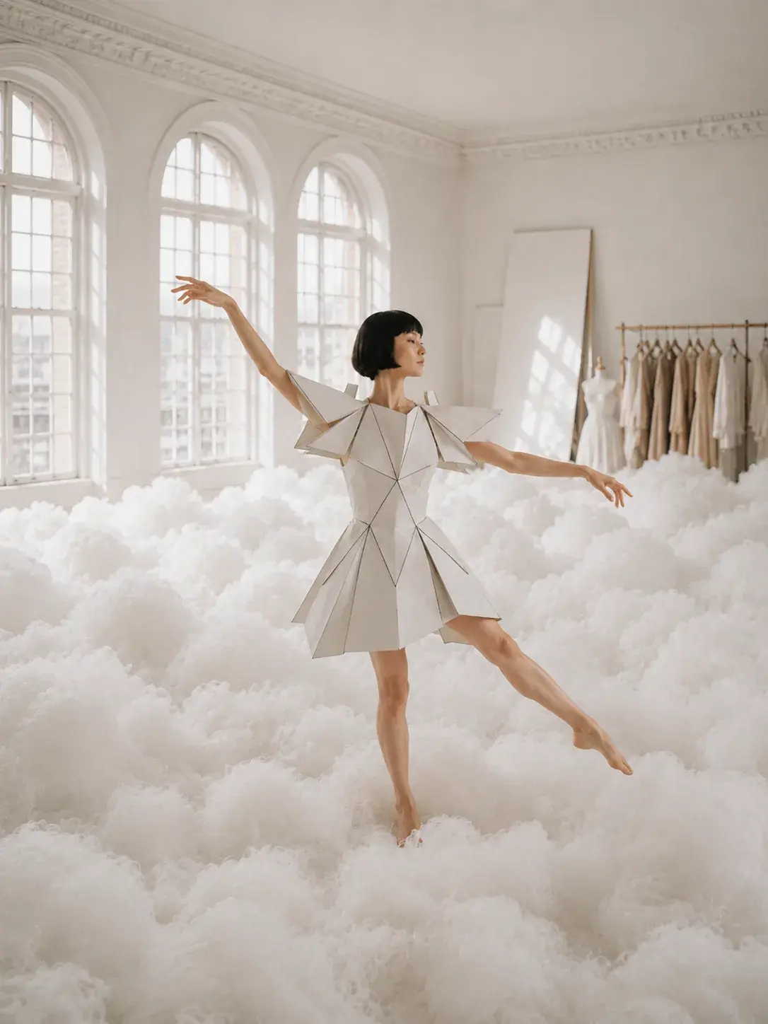 Femme en robe géométrique blanche dansant dans un studio parmi des nuages de coton