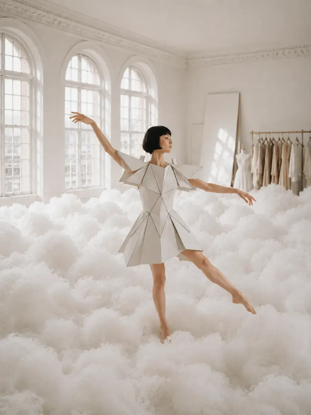 Femme en robe géométrique blanche dansant dans un studio parmi des nuages de coton