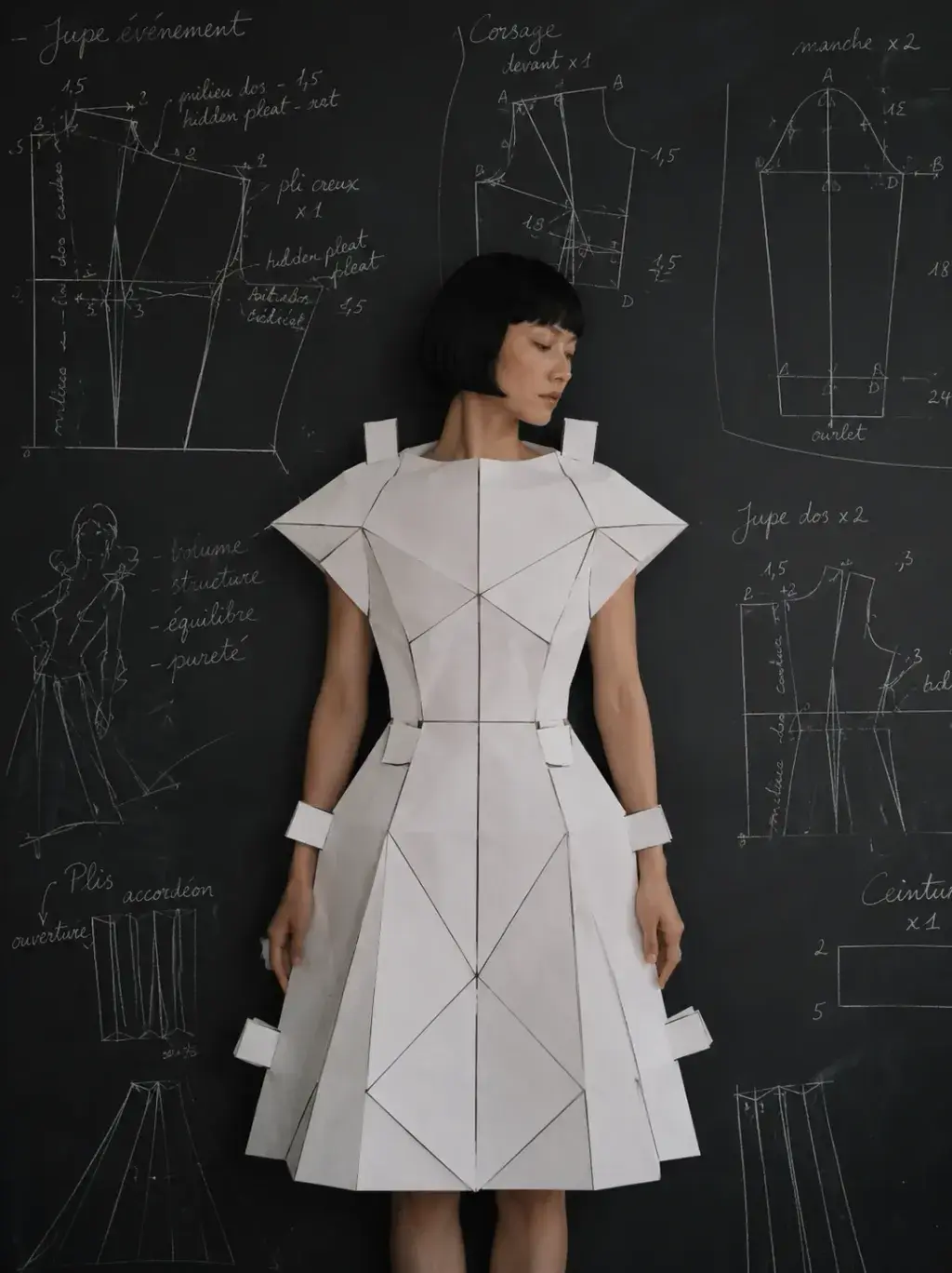 Femme en robe géométrique blanche devant un tableau noir couvert de patrons de couture