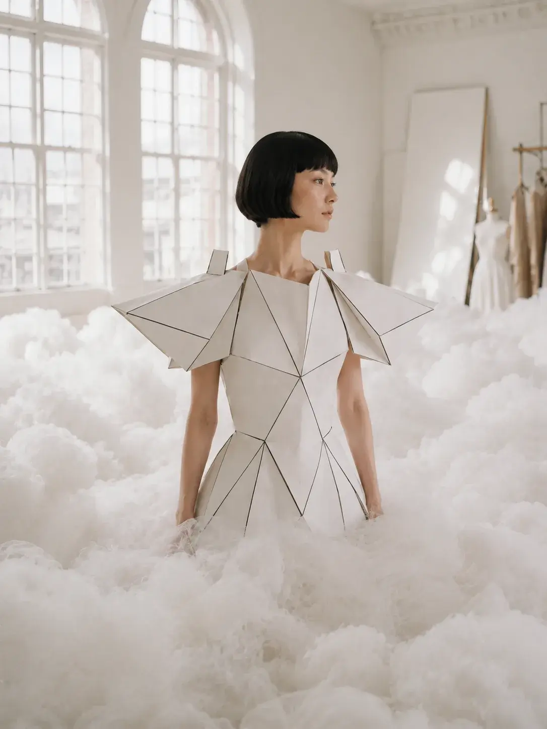 Femme en robe géométrique blanche émergeant de nuages de coton – atelier lumineux