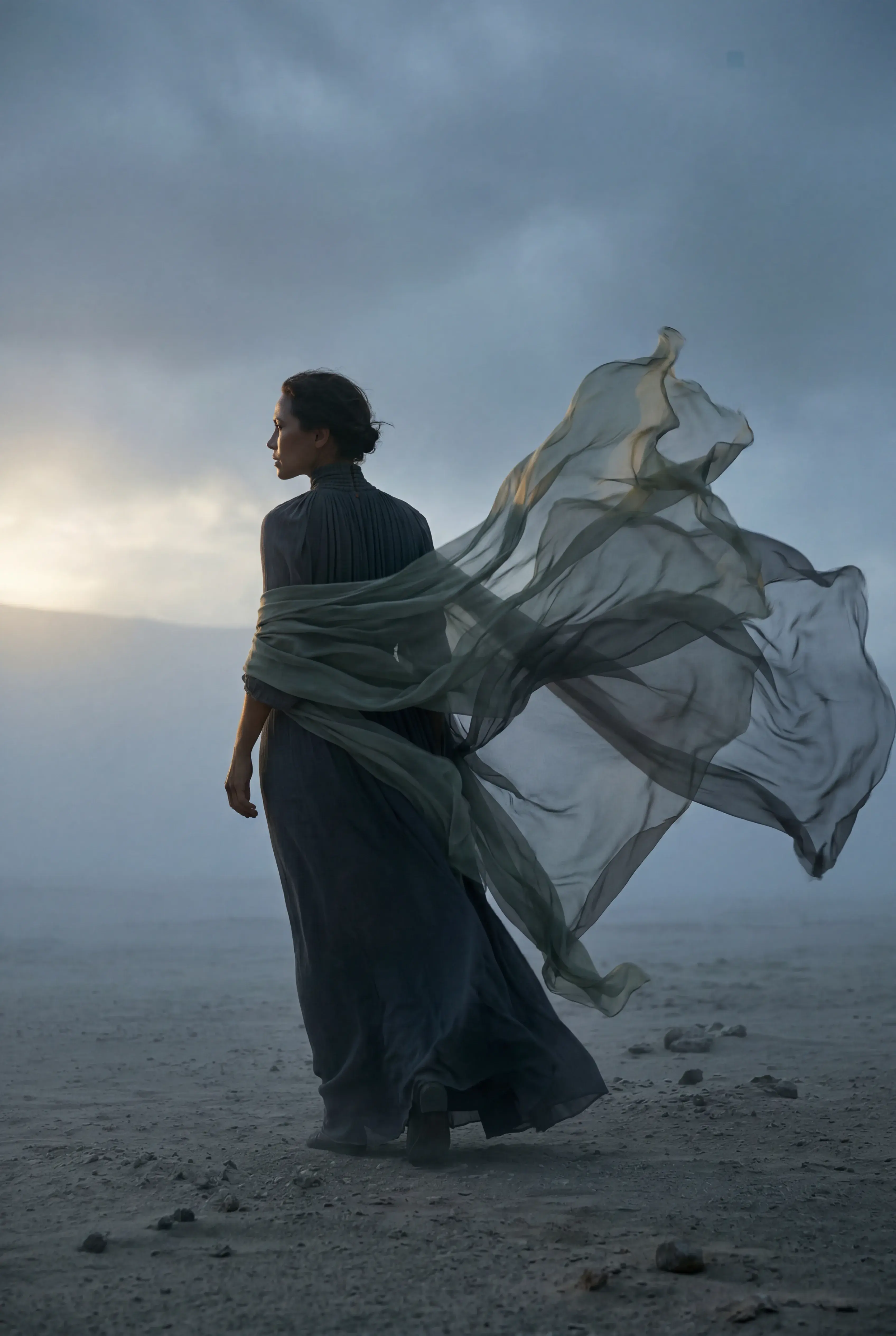 Femme en robe grise, grand voile gaze vert flottant au vent – plaine désertique brumeuse, ciel nuageux