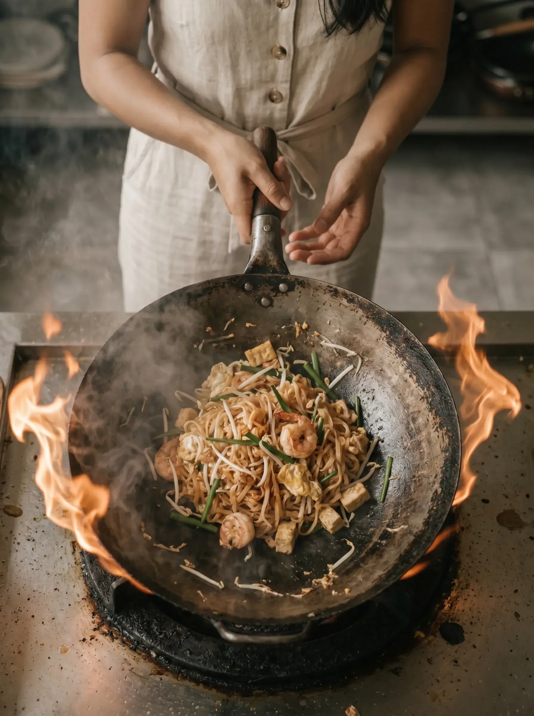 Femme en robe lin cuisinant un pad thaï aux crevettes dans un wok noir entouré de flammes vives sur cuisinière professionnelle