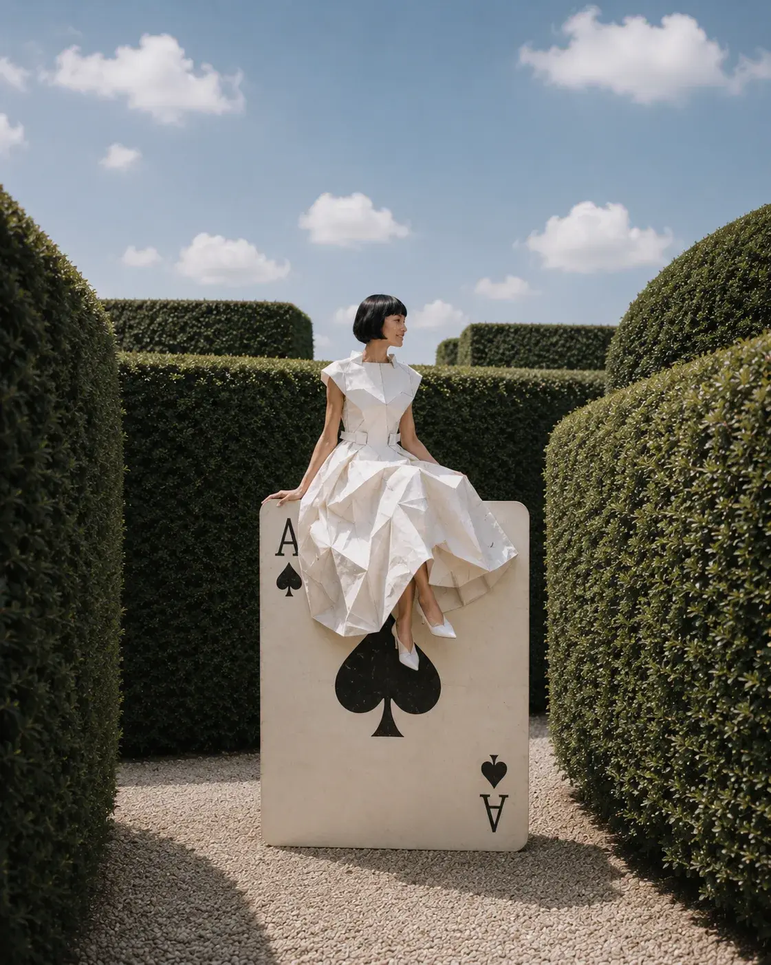 Femme en robe origami assise sur une carte à jouer géante – labyrinthe de haies et ciel bleu
