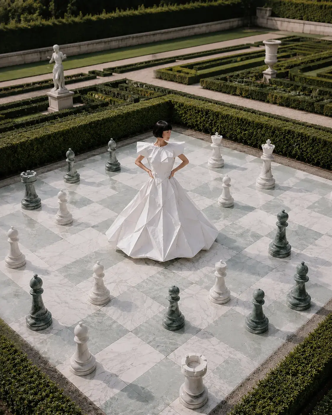 Femme en robe origami blanche au centre d'un échiquier géant – jardin à la française