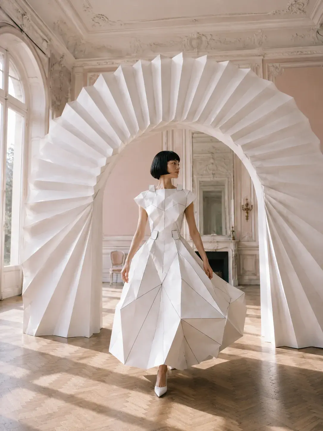 Femme en robe origami blanche sous arche plissée circulaire – salon haussmannien rose