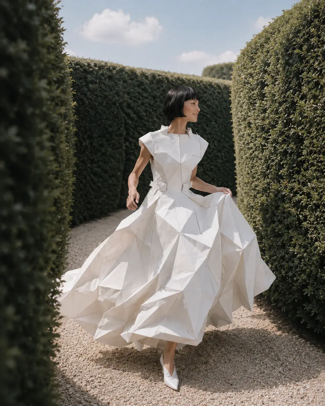 Femme en robe origami courant en souriant dans allée de haies taillées – jardin à la française