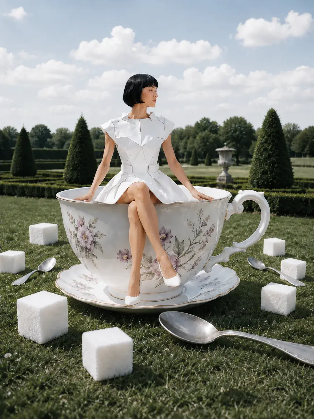 Femme en robe origami courte assise dans une tasse à thé géante – jardin, sucres et cuillères