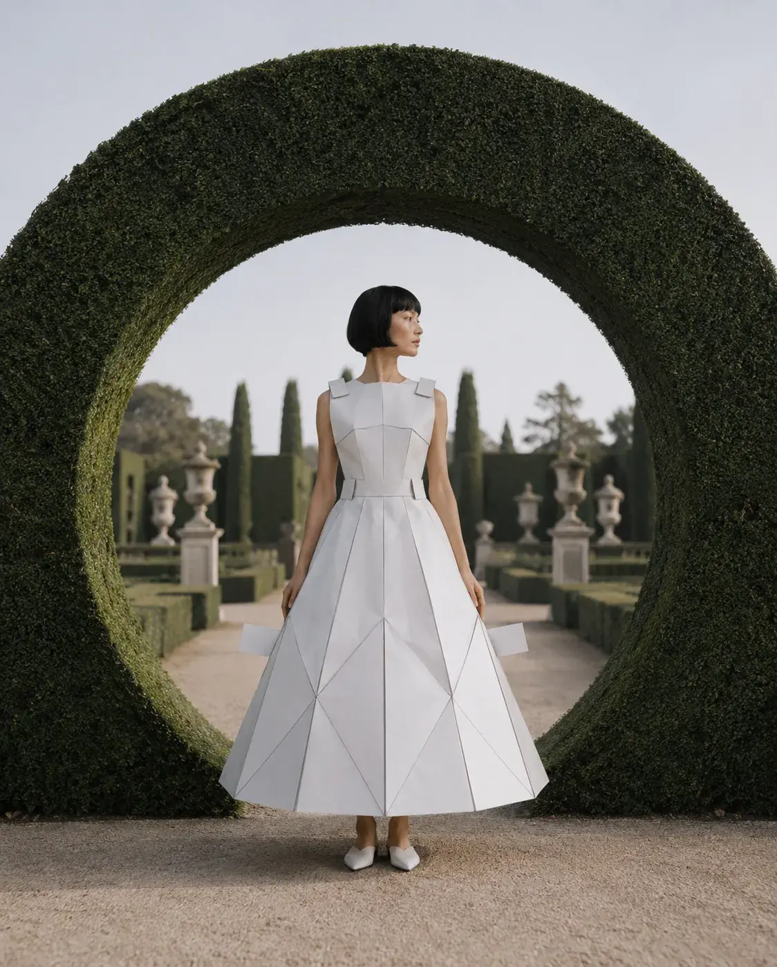 Femme en robe origami dans arche de buis circulaire – jardin à la française, cyprès et statues