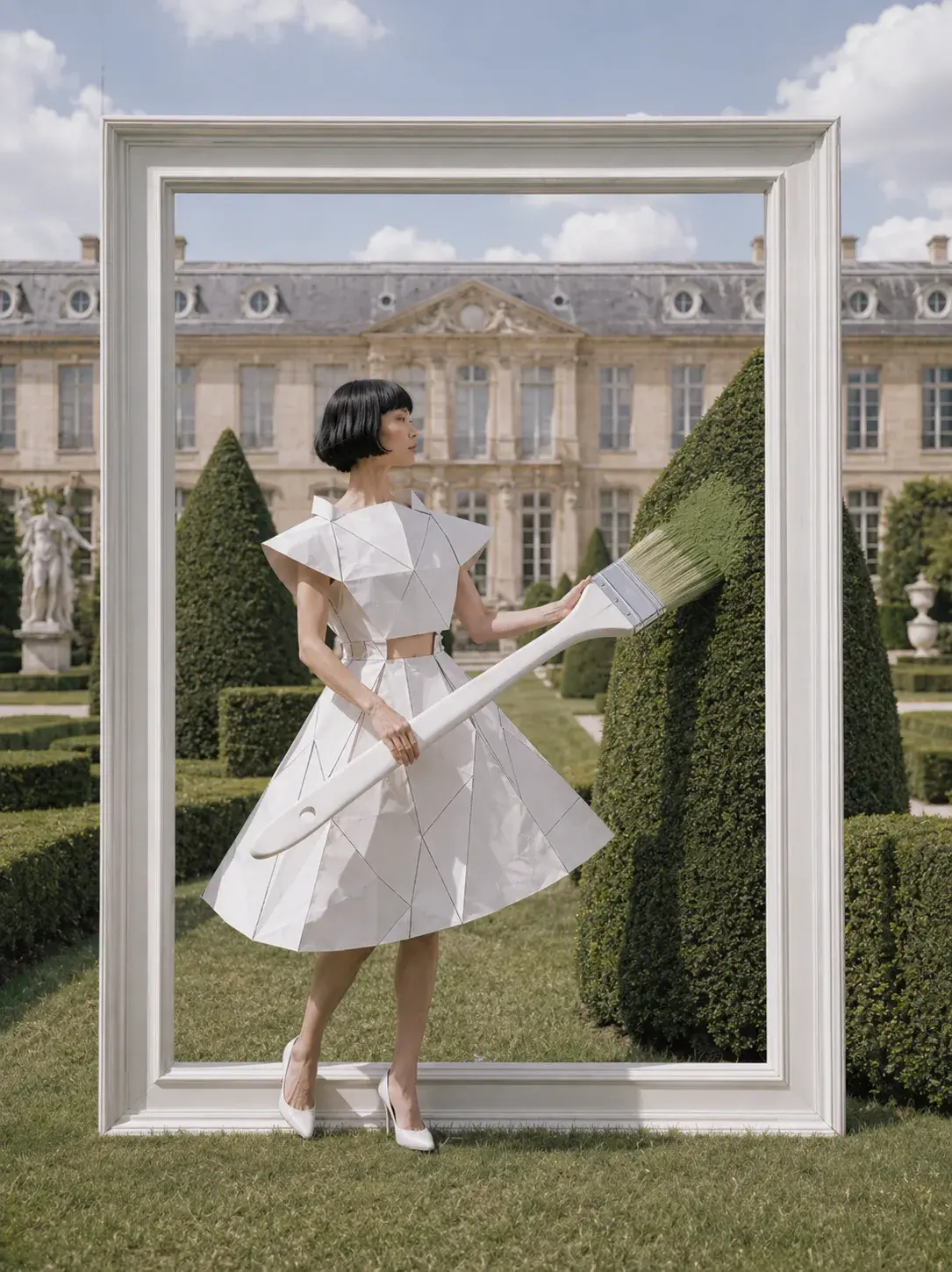 Femme en robe origami dans cadre géant peignant une haie – jardin à la française et château