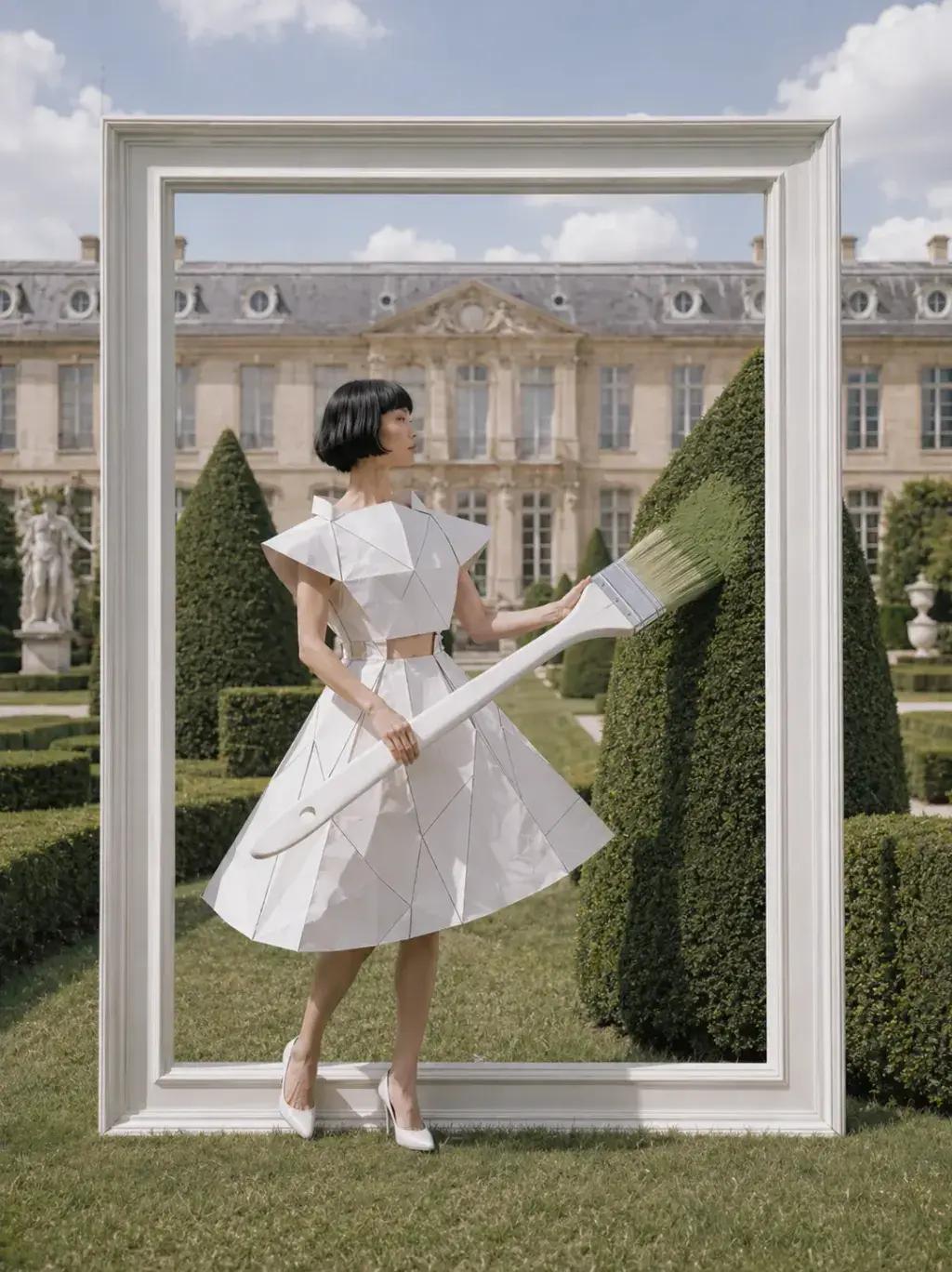 Femme en robe origami dans cadre géant peignant une haie – jardin à la française et château