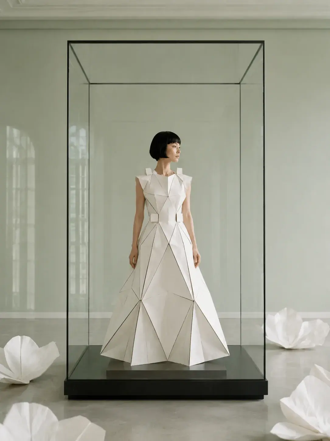 Femme en robe origami dans grande vitrine en verre – magnolias blancs et intérieur haussmannien