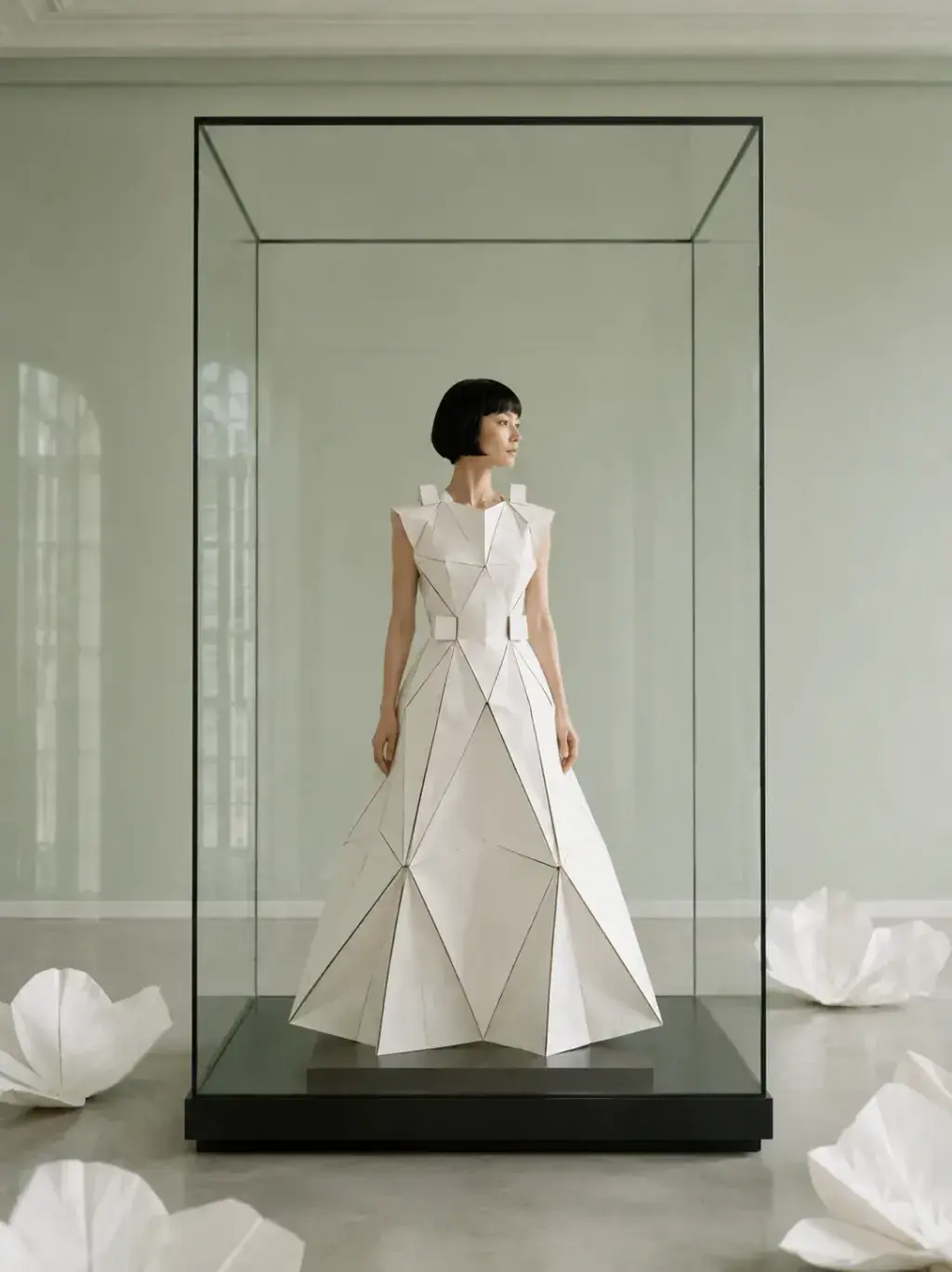 Femme en robe origami dans grande vitrine en verre – magnolias blancs et intérieur haussmannien