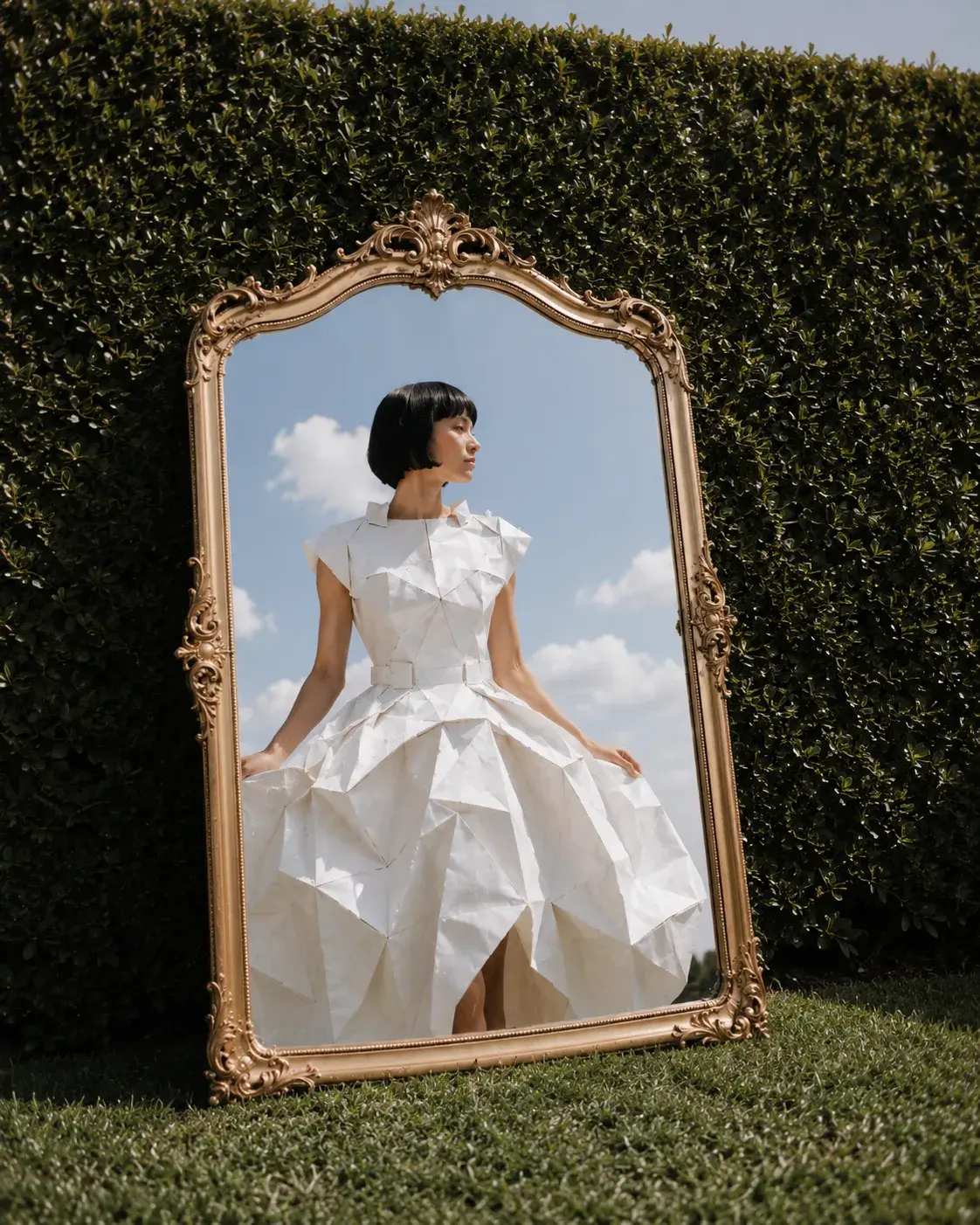 Femme en robe origami dans miroir baroque doré posé dans les haies – jardin et ciel