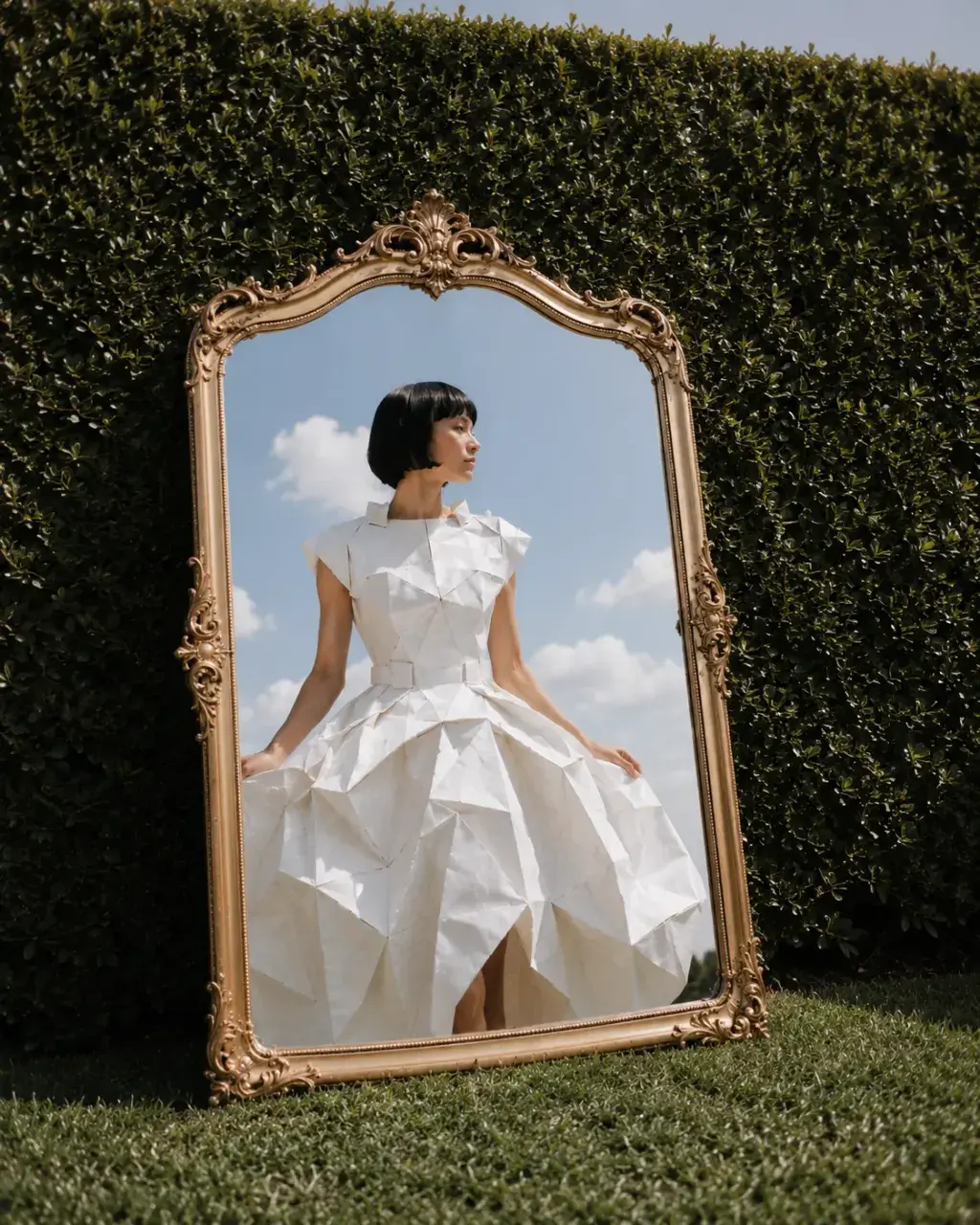 Femme en robe origami dans miroir baroque doré posé dans les haies – jardin et ciel