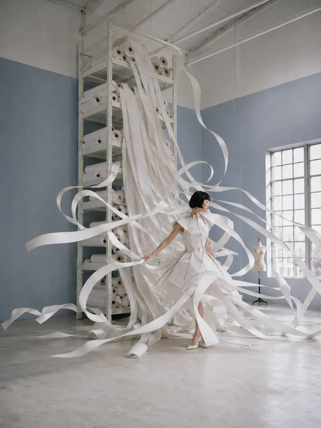Femme en robe origami dans tempête de rubans de papier – vue large atelier industriel