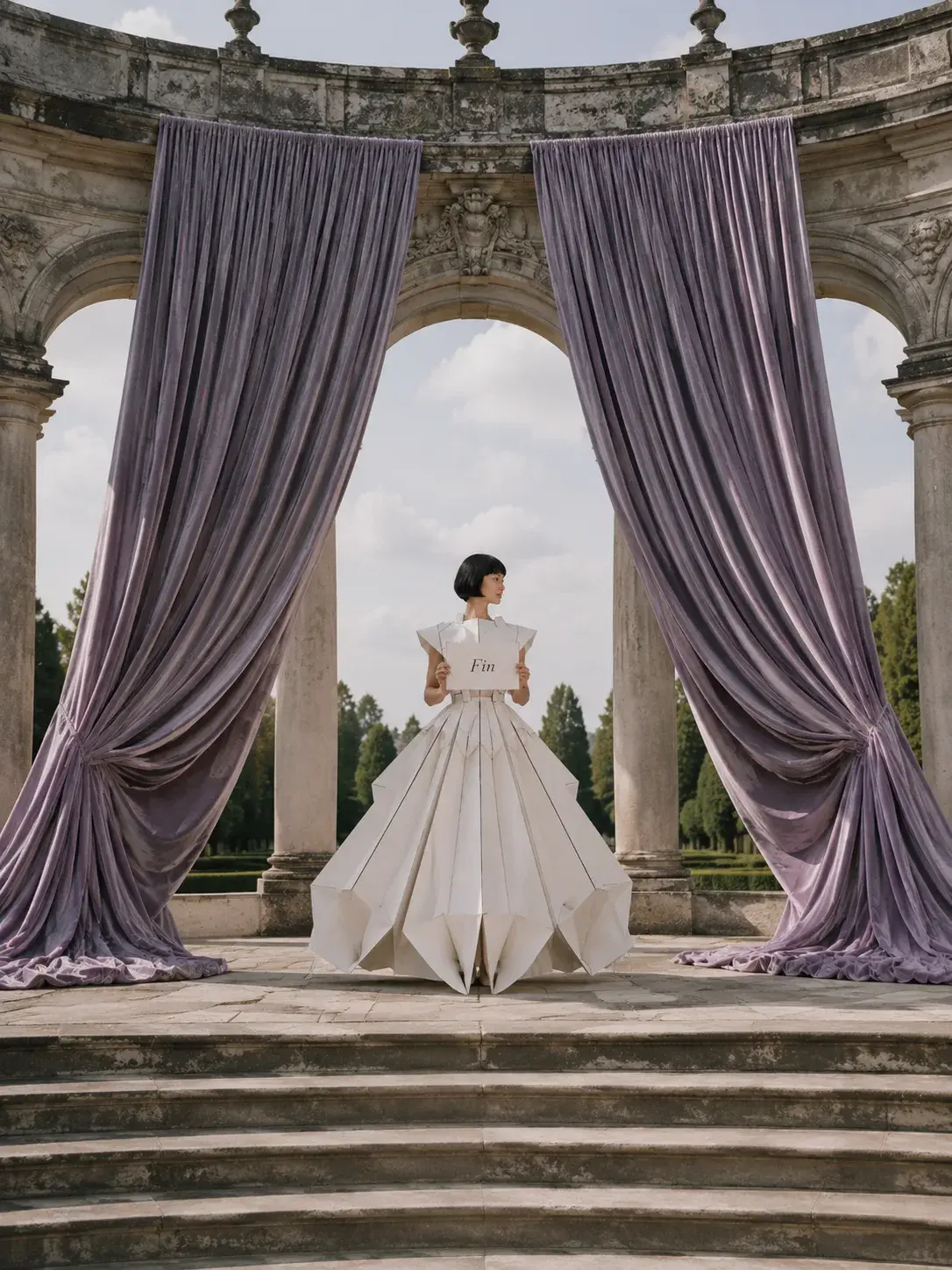 Femme en robe origami de dos sous rotonde classique – grands rideaux violets et jardin