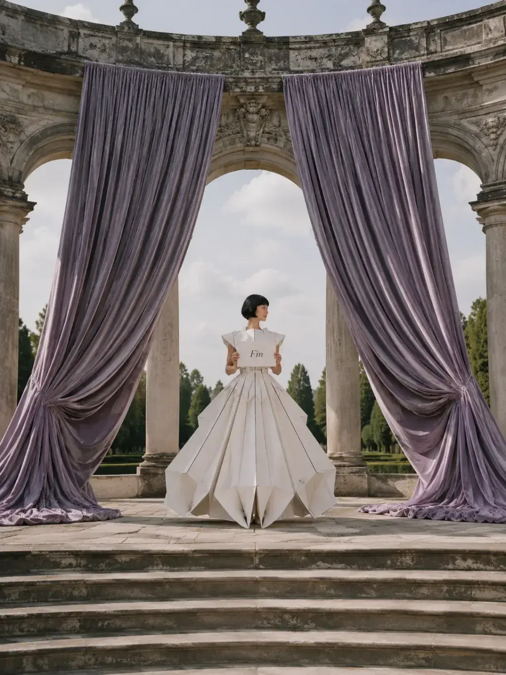 Femme en robe origami de dos sous rotonde classique – grands rideaux violets et jardin