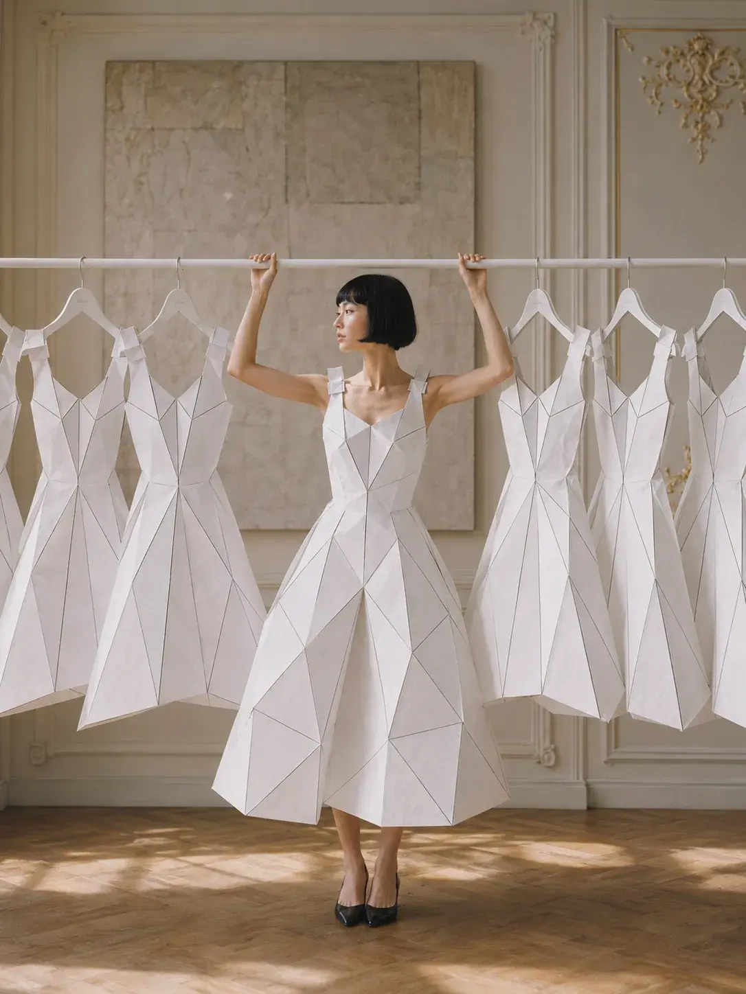 Femme en robe origami devant un portant de robes identiques – salon haussmannien lavande