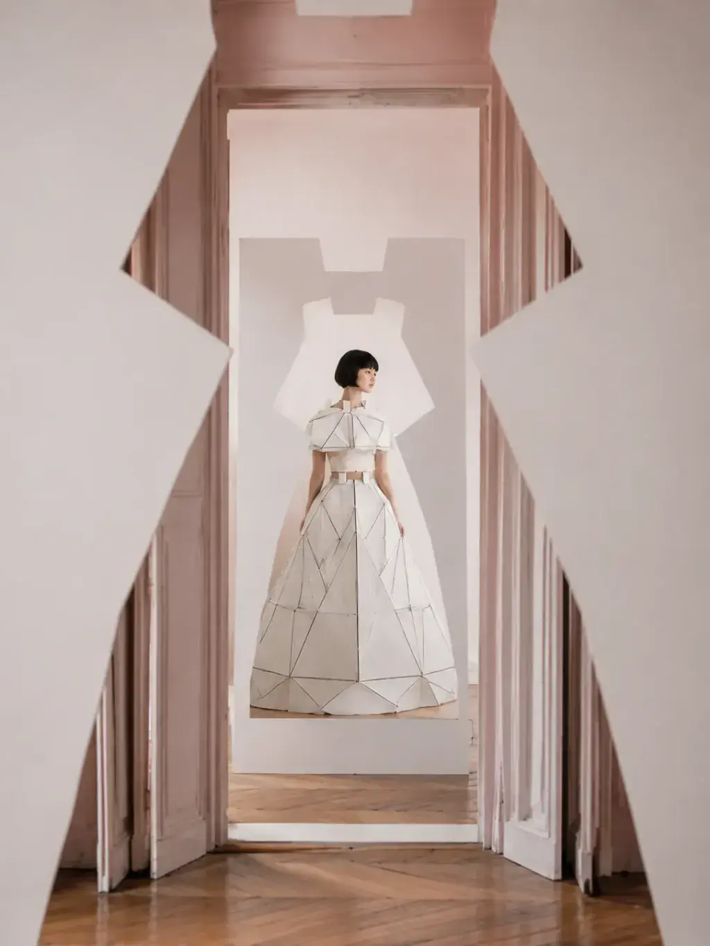 Femme en robe origami encadrée par découpe en forme de robe – salon haussmannien rose