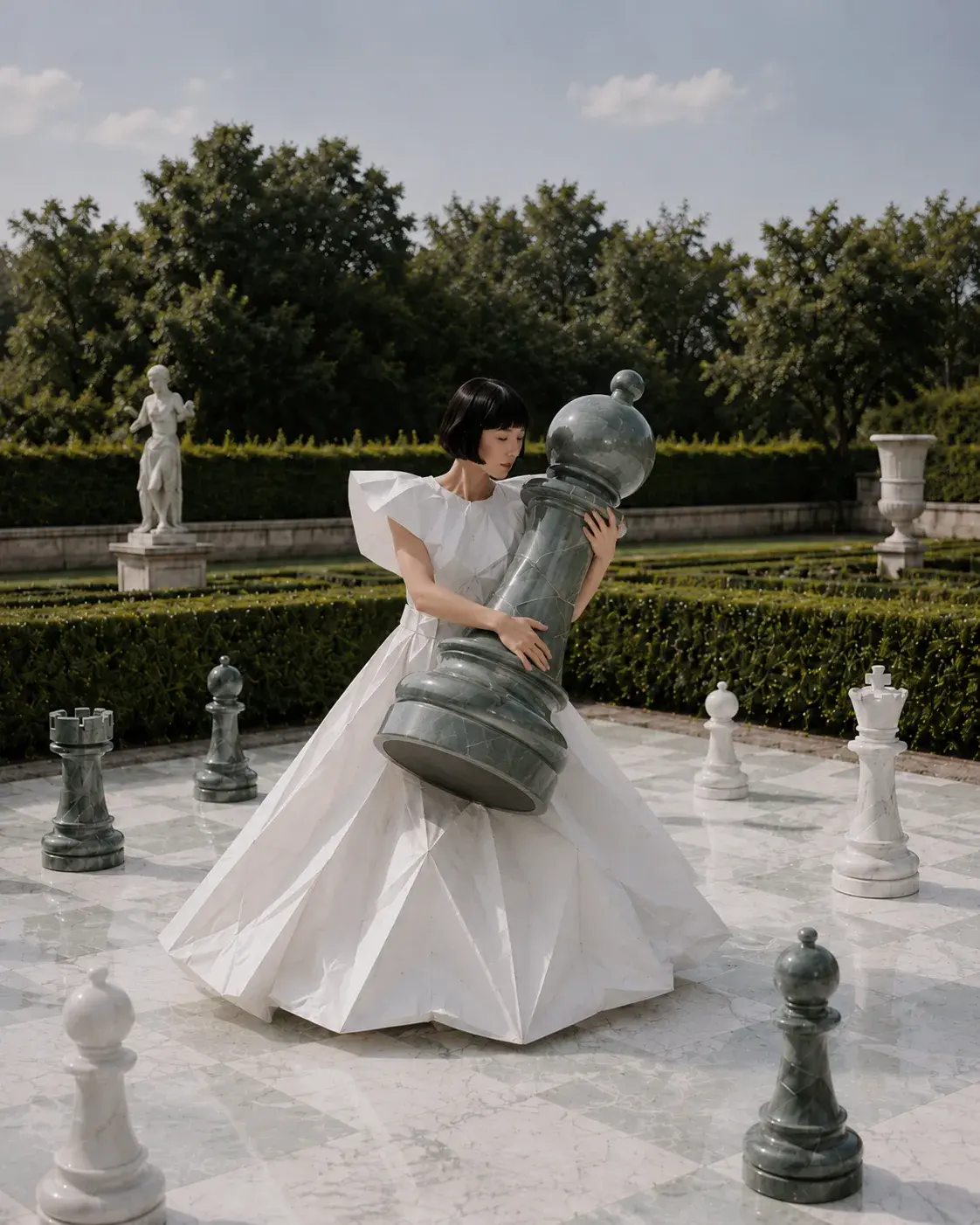 Femme en robe origami enlaçant une pièce d'échecs géante – échiquier de jardin