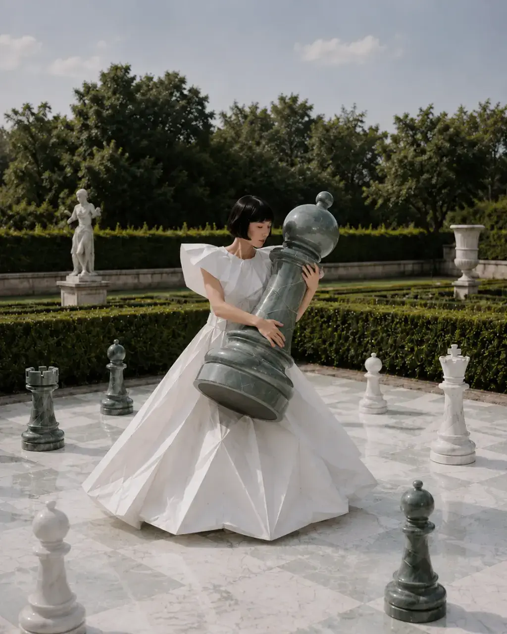 Femme en robe origami enlaçant une pièce d'échecs géante – échiquier de jardin