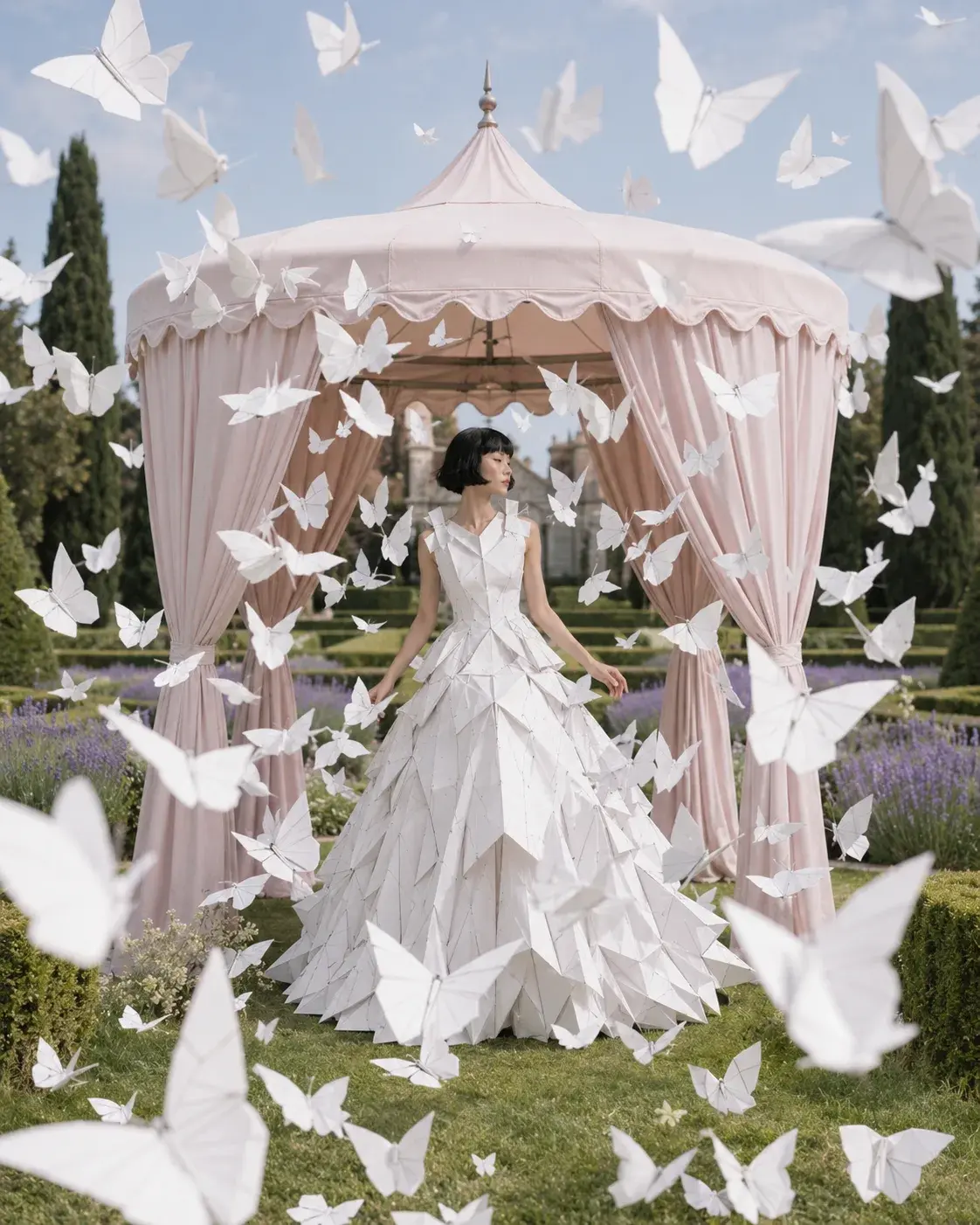 Femme en robe origami entourée de papillons blancs – pavillon rose et jardin de lavande
