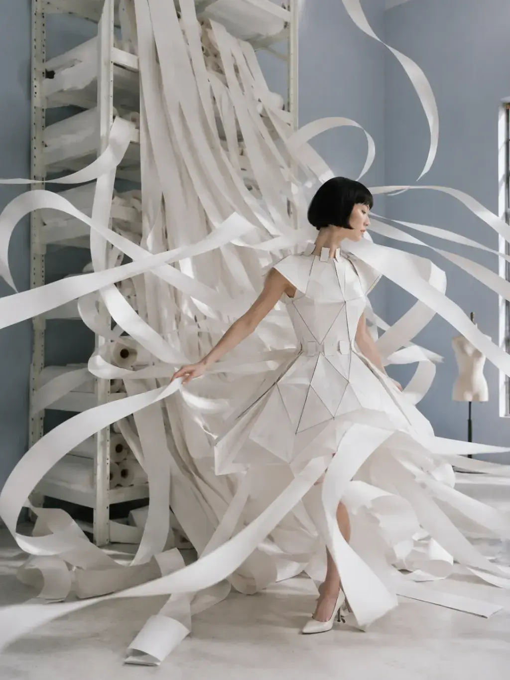 Femme en robe origami entourée de rubans de papier déroulants – atelier industriel bleu