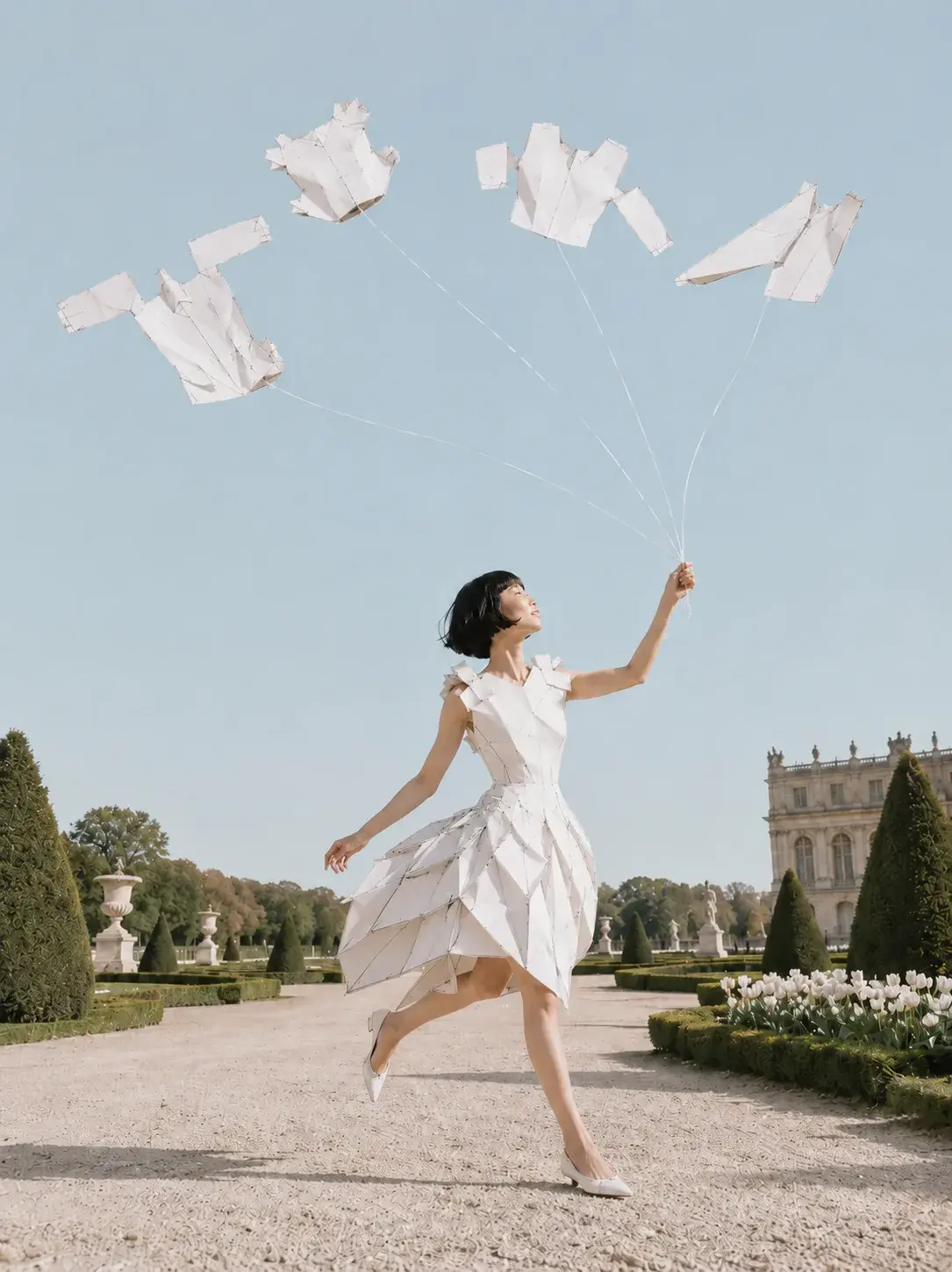 Femme en robe origami lâchant des vêtements en papier comme des cerfs-volants – château et jardin