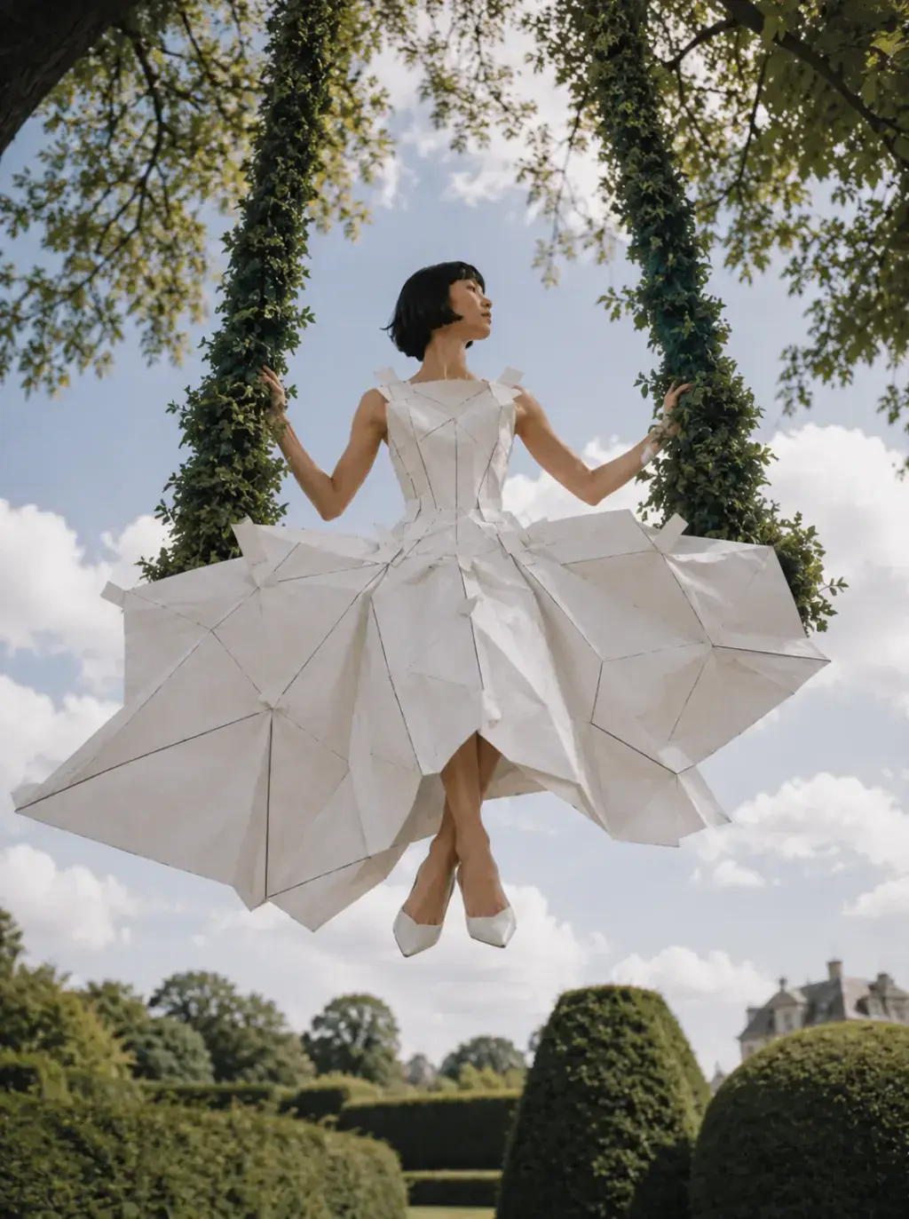 Femme en robe origami sur balançoire végétale – jardin à la française et château