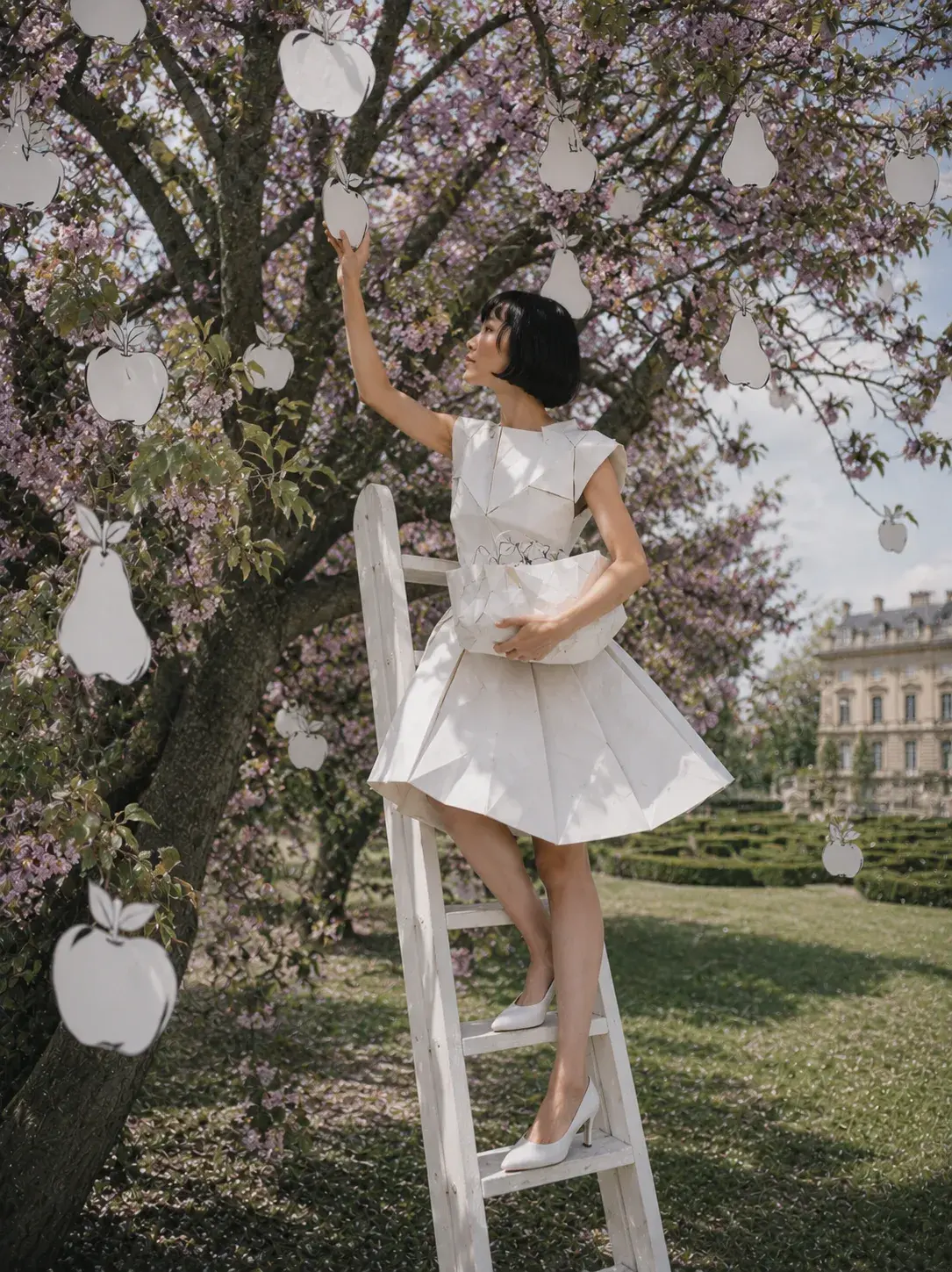 Femme en robe origami sur échelle dans arbre fleuri – fruits en papier suspendus et château