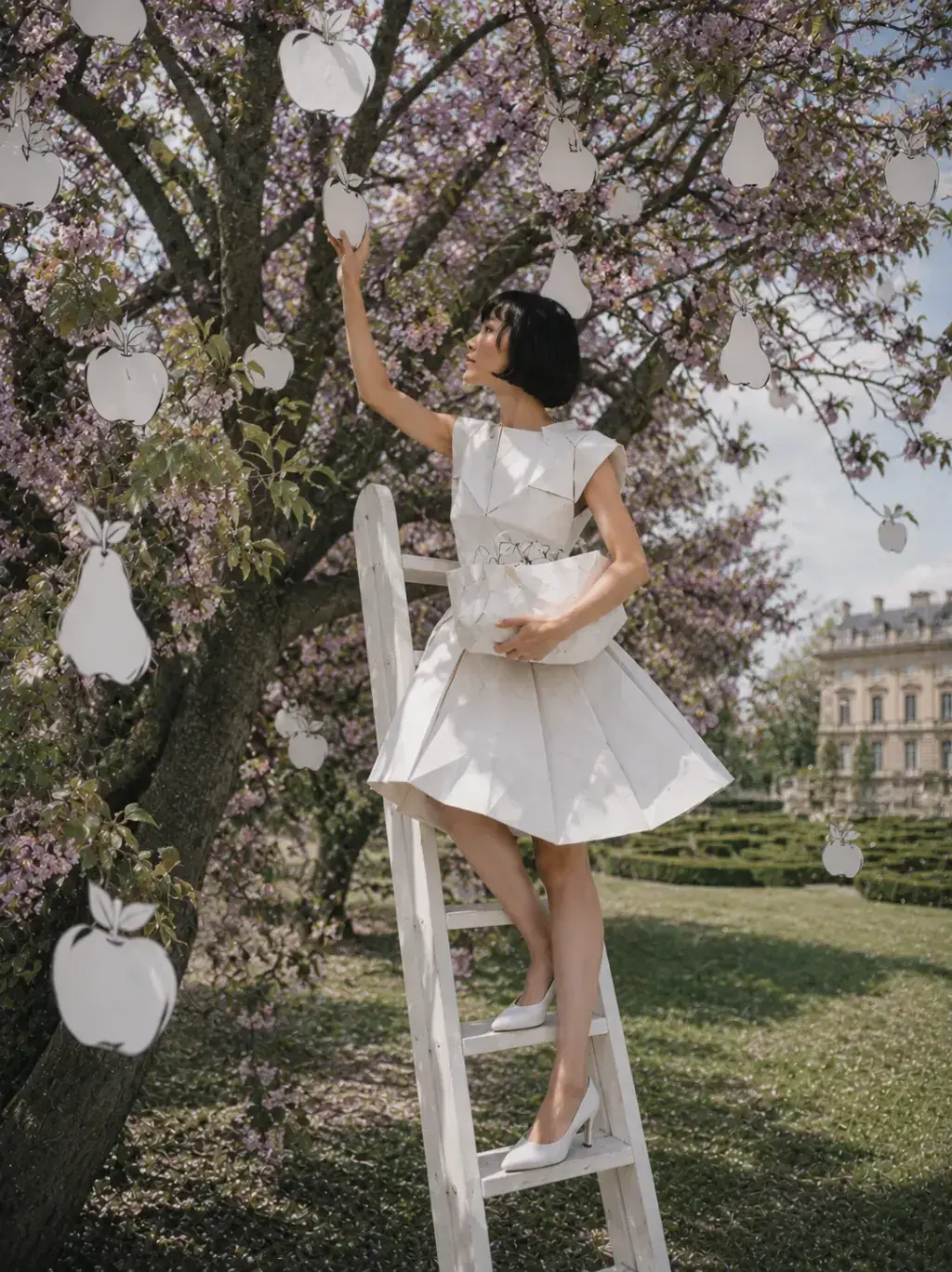 Femme en robe origami sur échelle dans arbre fleuri – fruits en papier suspendus et château