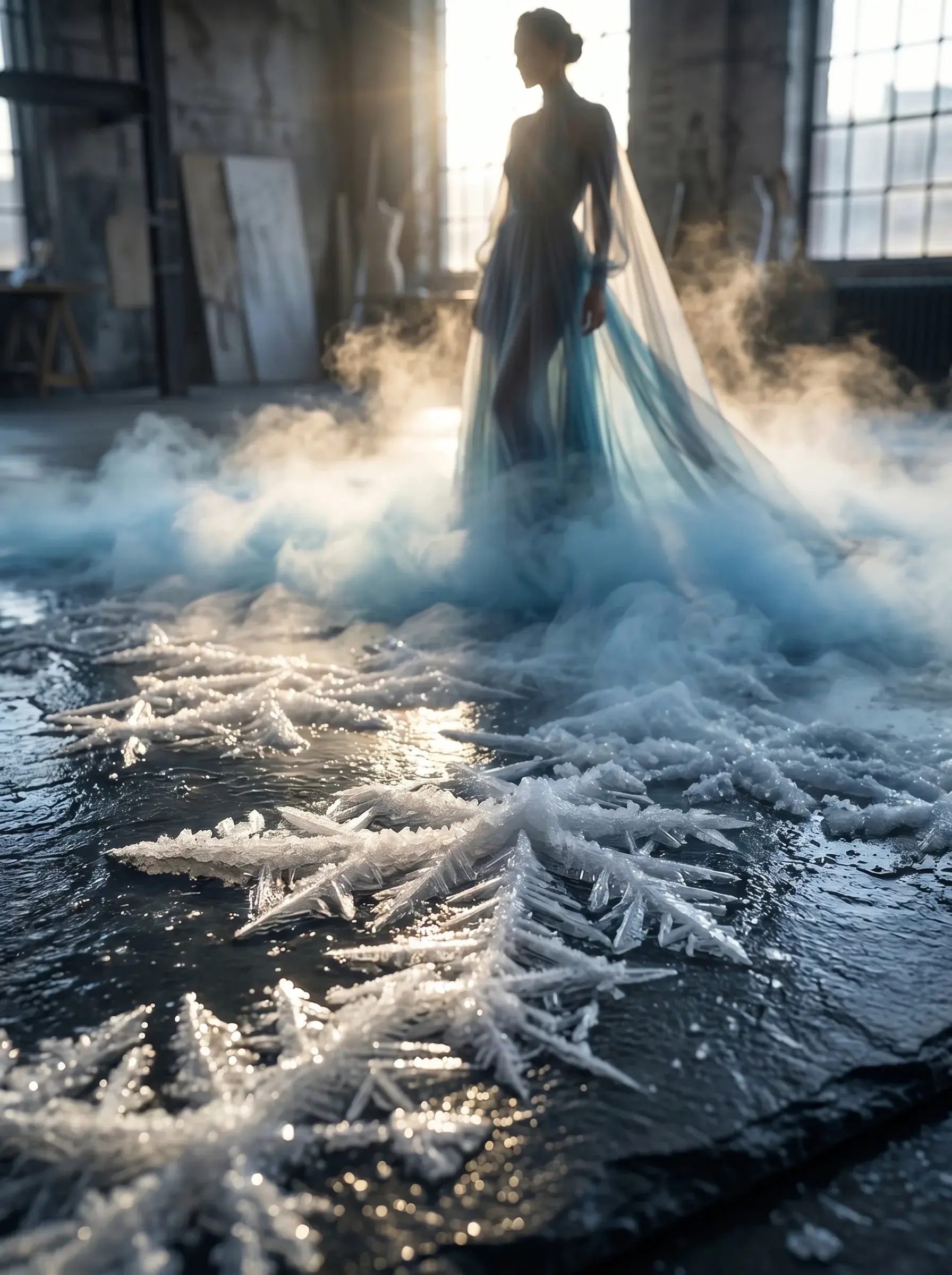 Femme en robe vaporeuse bleue – cristaux de givre au sol, brume, atelier industriel, contre-jour