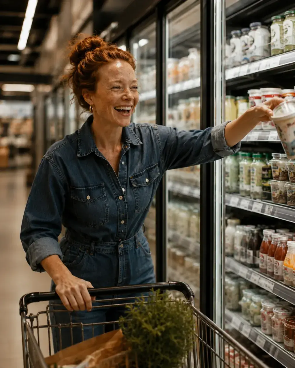 Femme en salopette jean prenant un produit au rayon réfrigéré – supermarché, sourire