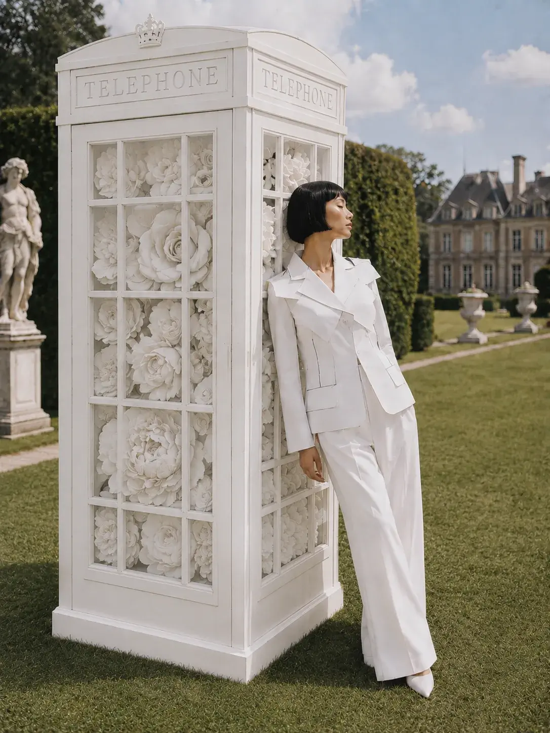 Femme en tailleur blanc géométrique devant une cabine téléphonique décorée de roses blanches – jardin français