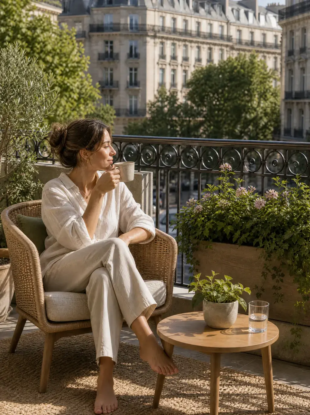 Femme en tenue blanche savourant un café matinal sur un balcon parisien avec vue sur les toits