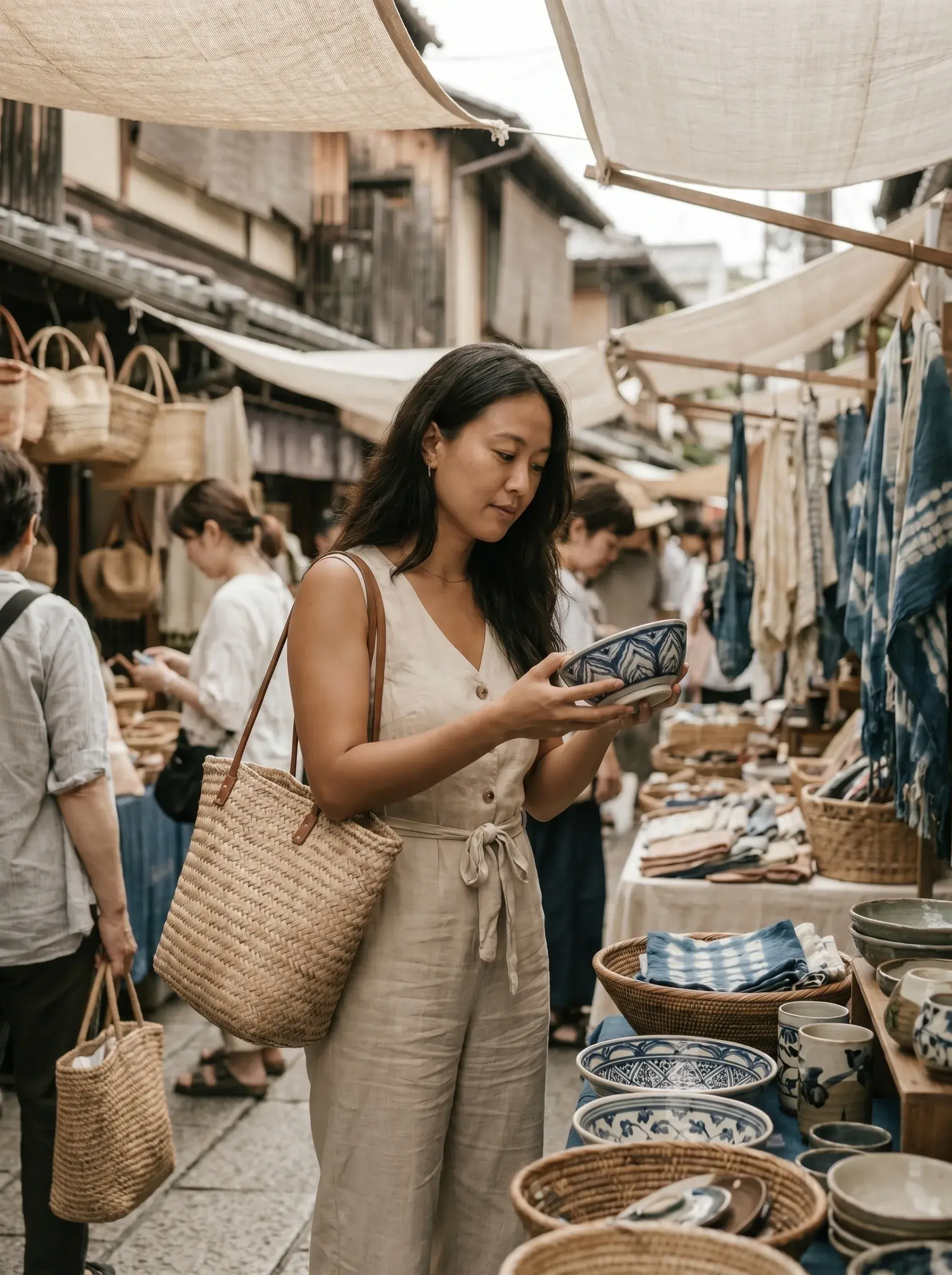 Femme en tenue lin beige examinant un bol bleu et blanc au marché artisanat de Kyoto, stands de poteries, tissus indigo, paniers