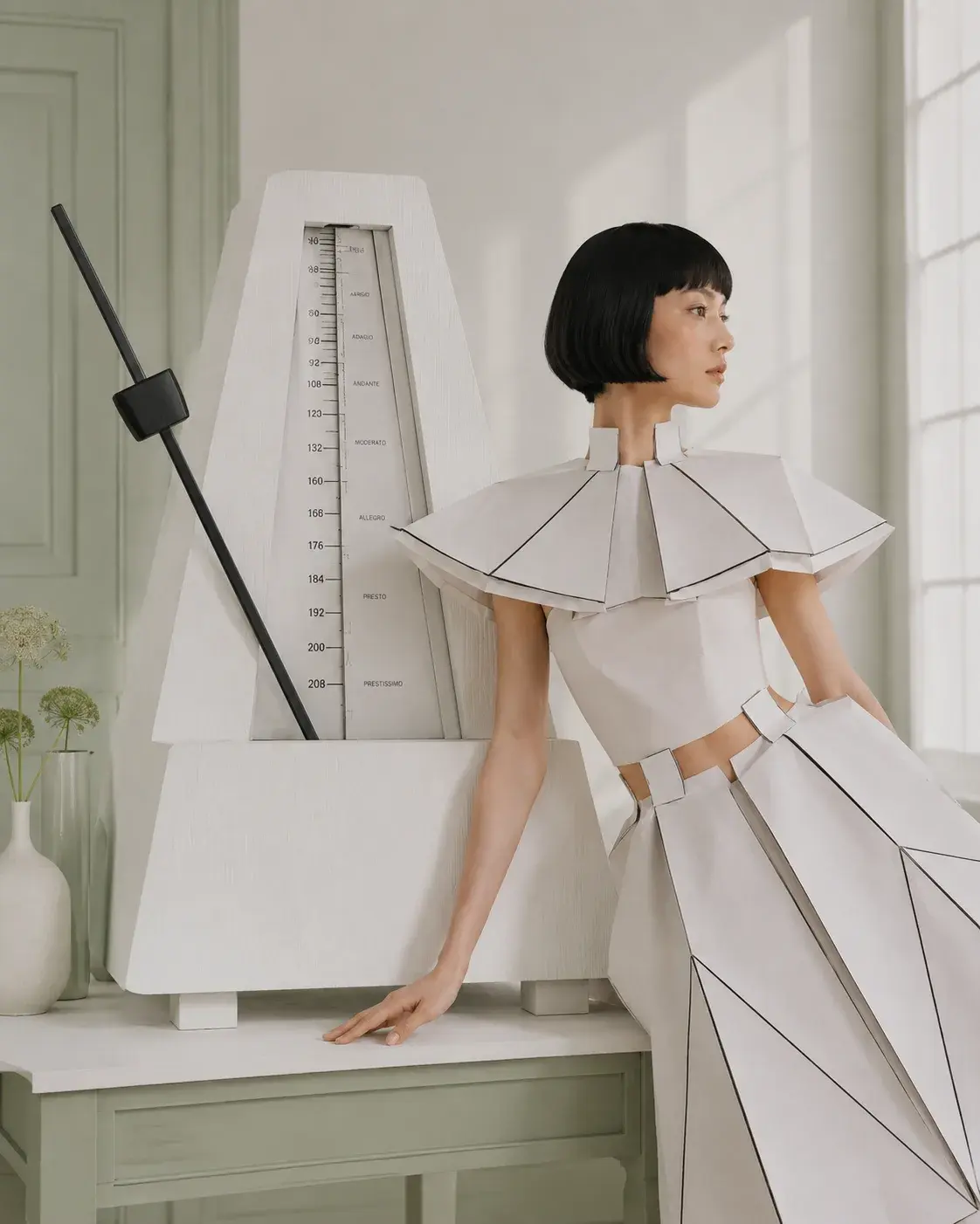 Femme en tenue origami à côté d'un grand métronome – intérieur vert sauge et blanc