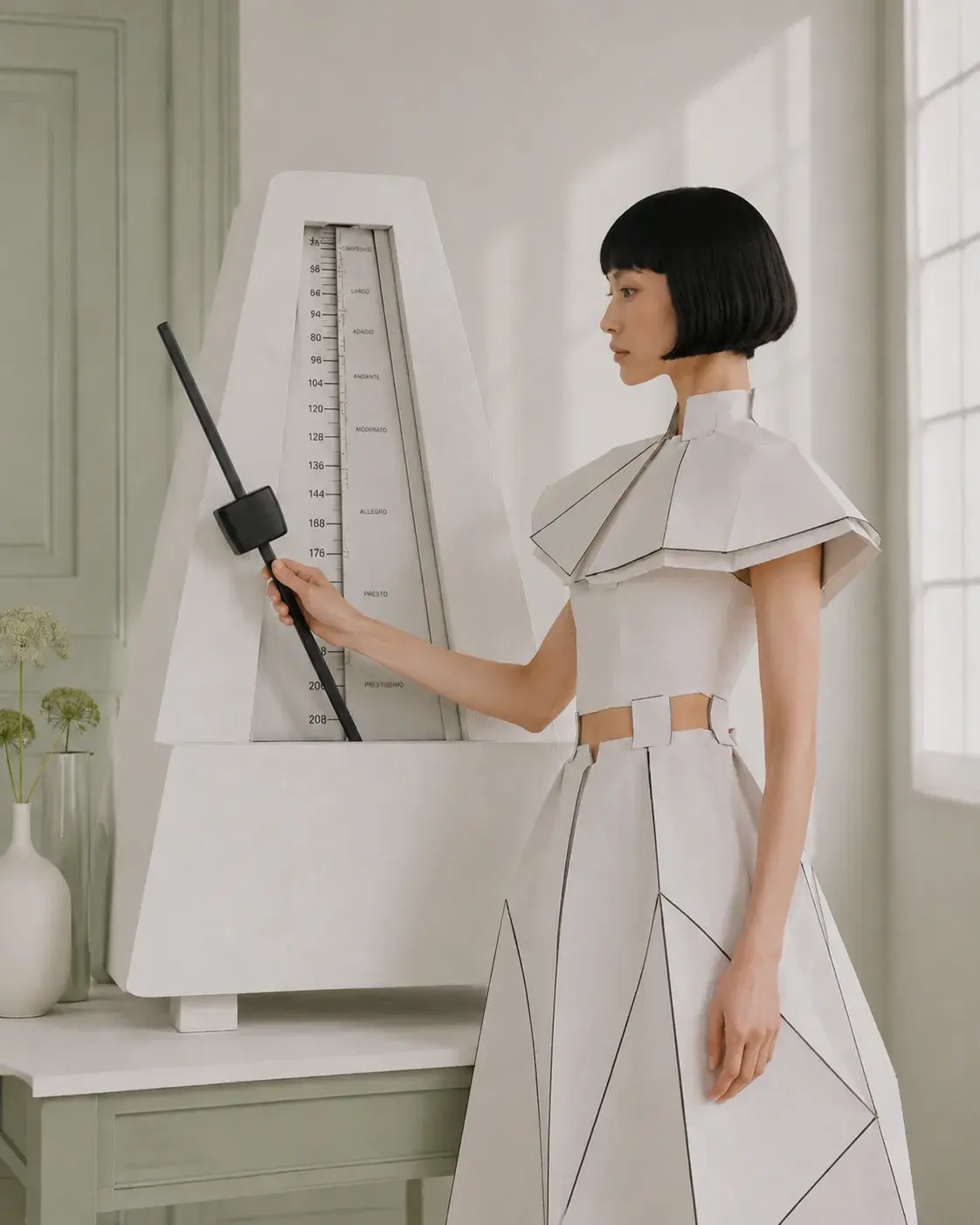 Femme en tenue origami actionnant un grand métronome de côté – intérieur vert sauge