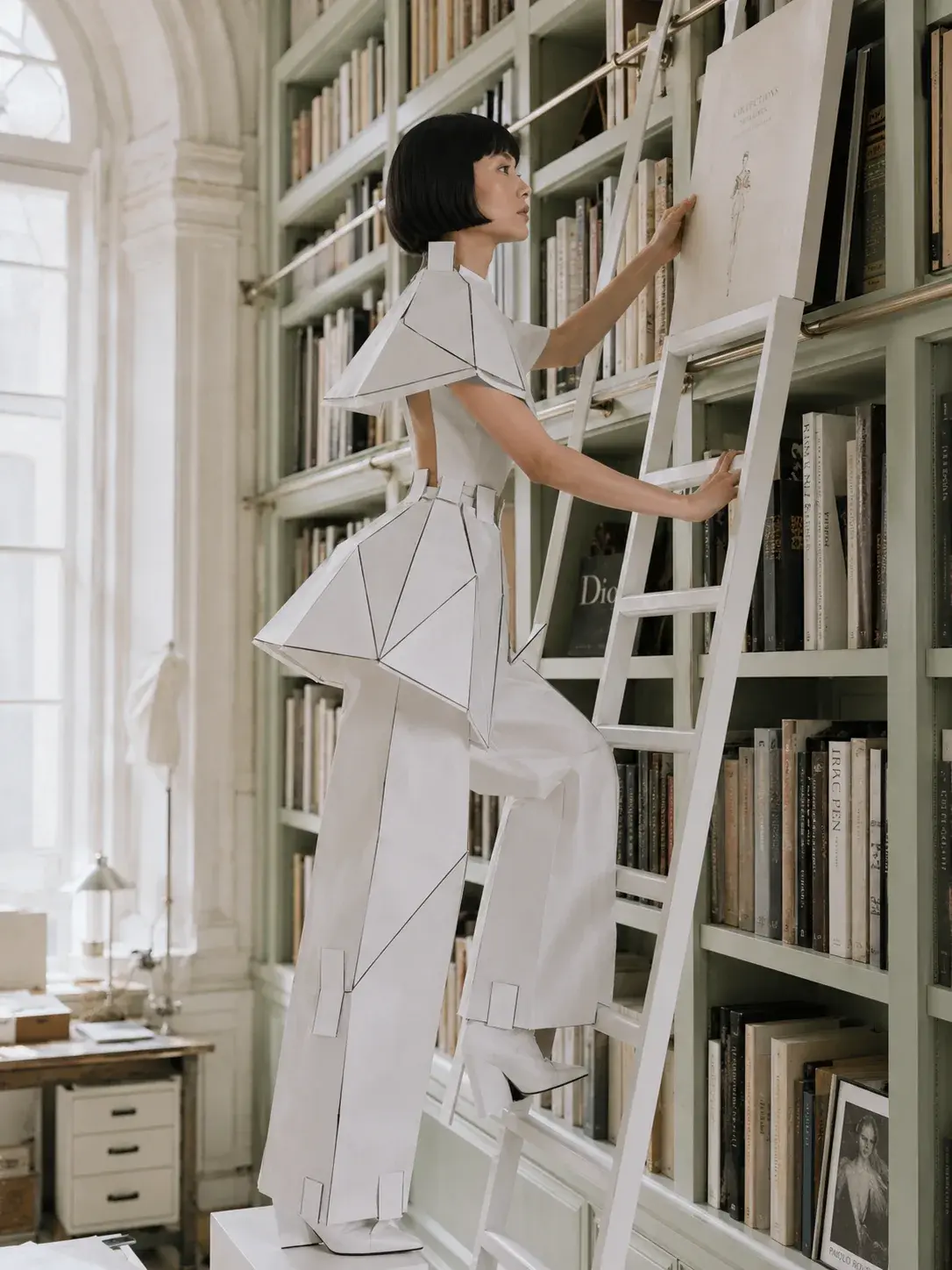 Femme en tenue origami montant une échelle dans bibliothèque haussmannienne