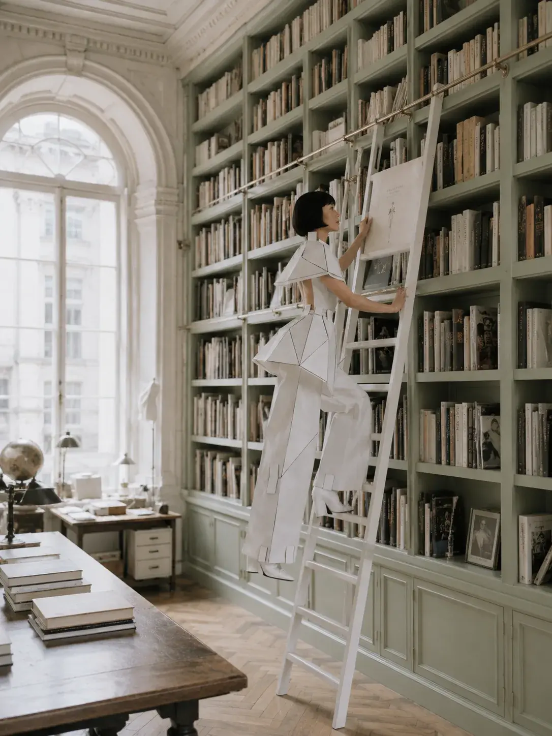 Femme en tenue origami sur grande échelle en bibliothèque – globe et longue table haussmannienne