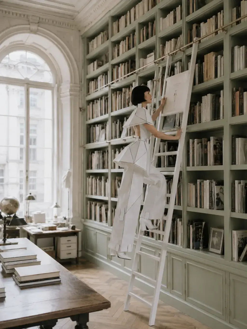 Femme en tenue origami sur grande échelle en bibliothèque – globe et longue table haussmannienne