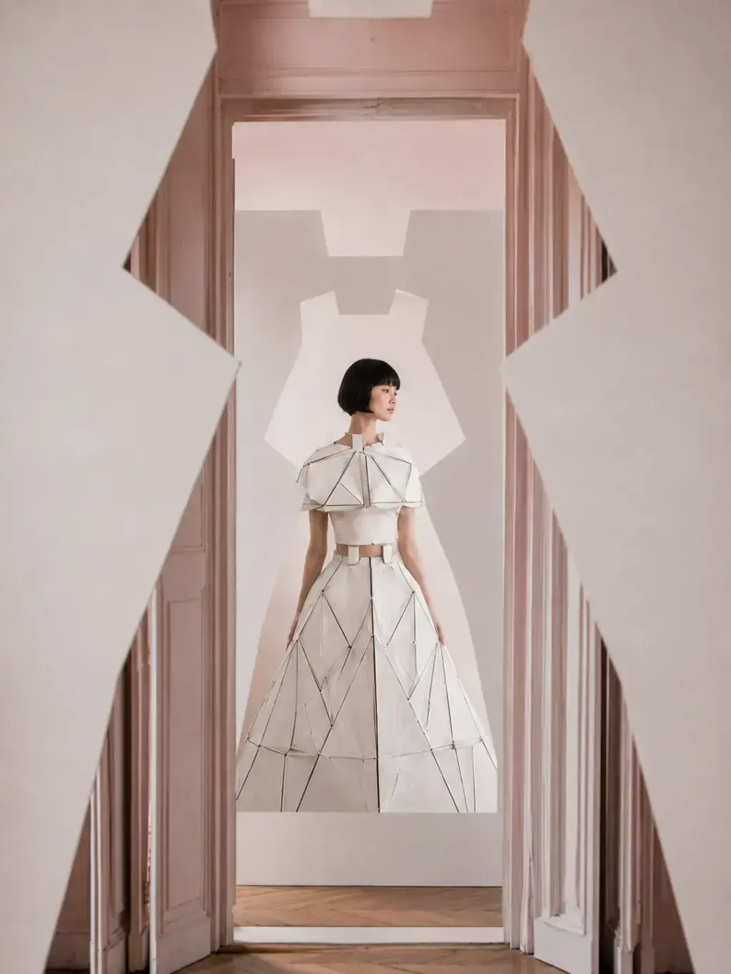 Femme en tenue origami vue de face dans découpe en forme de robe – salon haussmannien rose