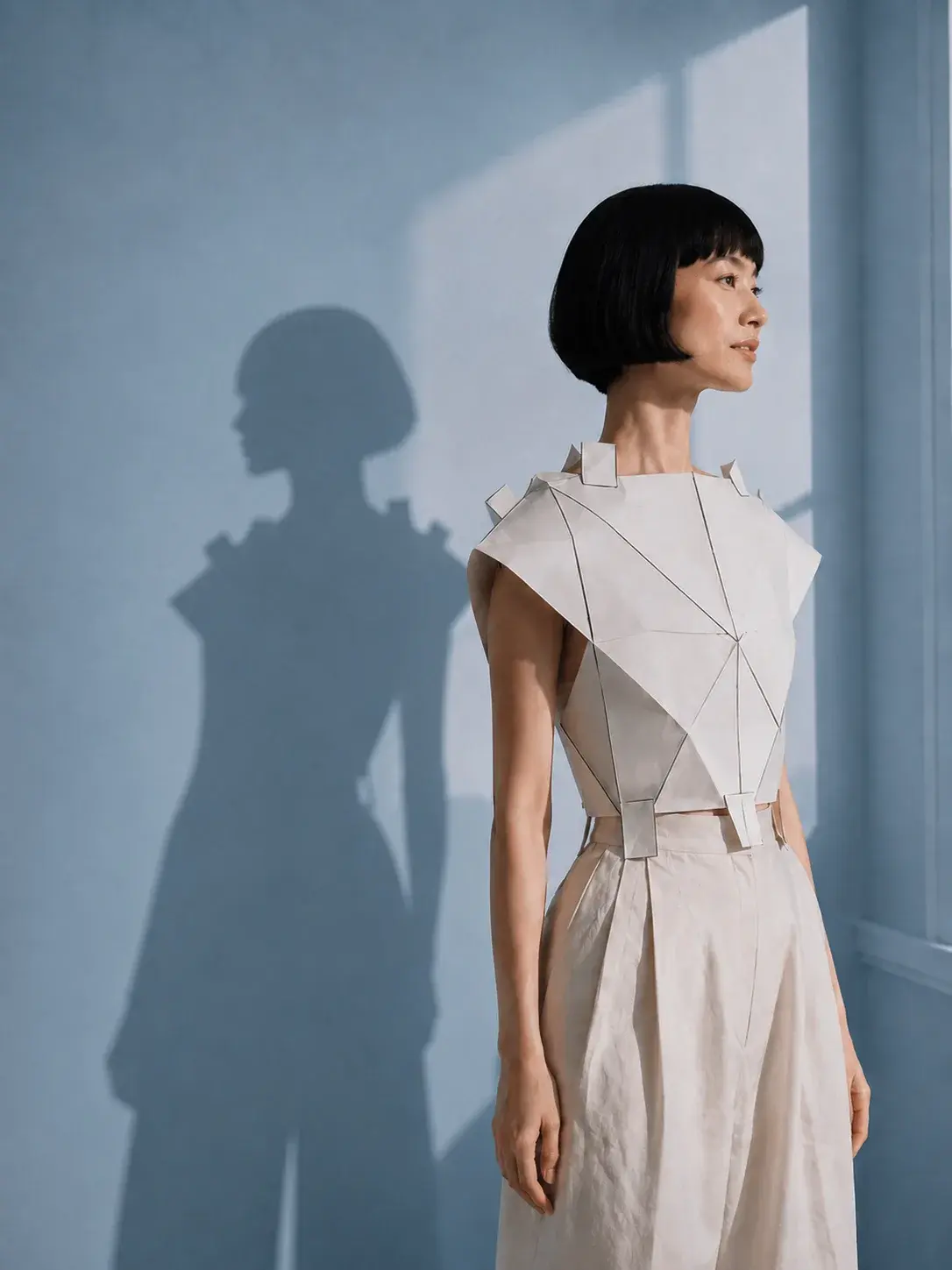 Femme en top origami blanc avec ombre géométrique – mur bleu et lumière rasante d'atelier