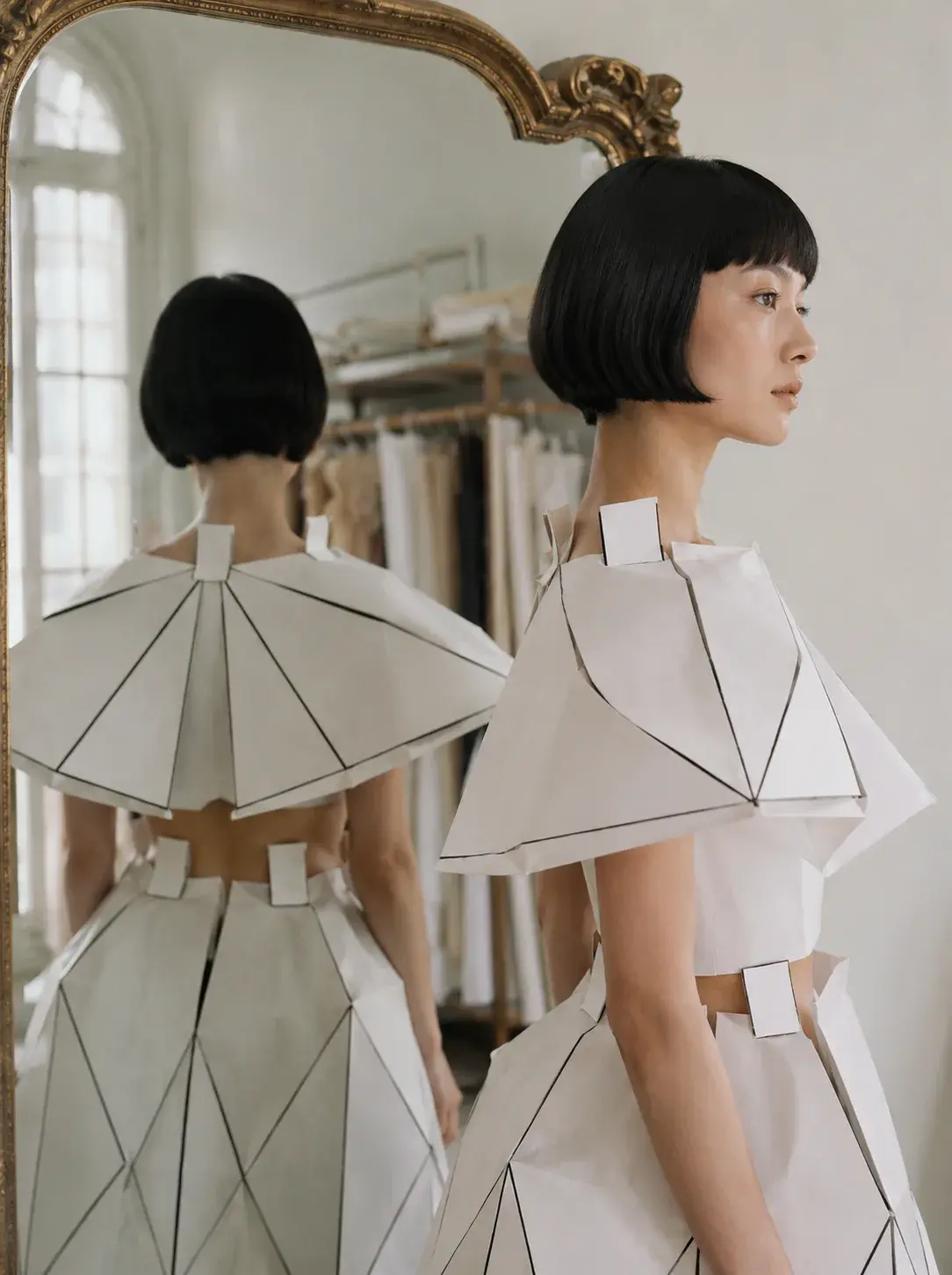 Femme en top origami de profil face à un miroir doré – reflet et atelier couture