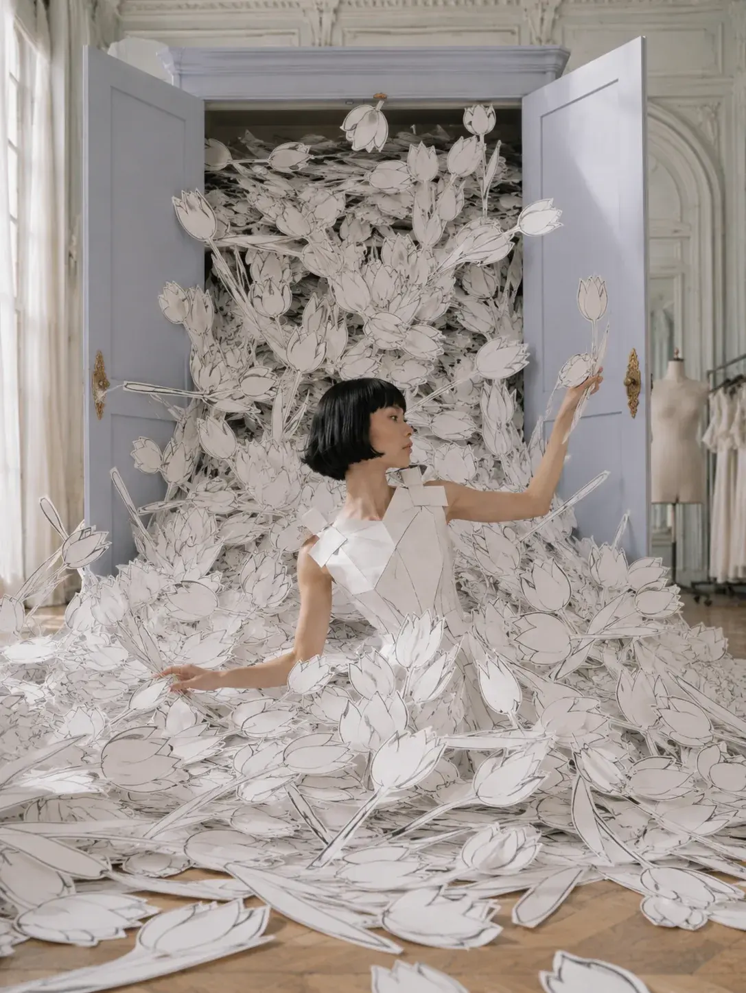 Femme en top origami entourée de fleurs en papier découpé blanc – salon haussmannien