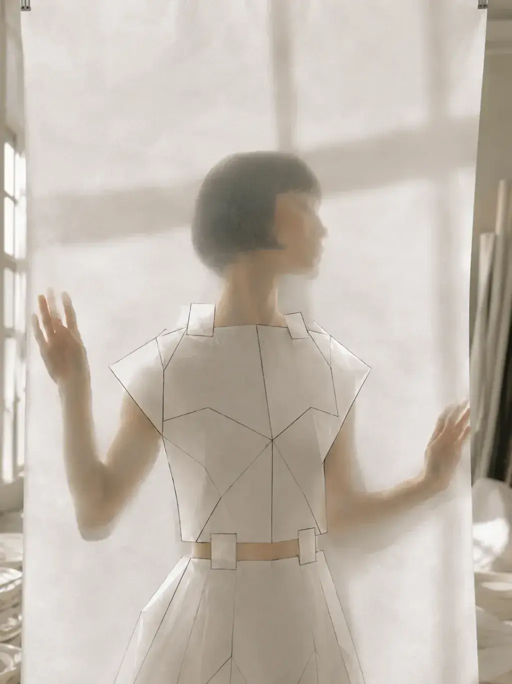 Femme en top origami les mains sur voile translucide – lumière de fenêtre
