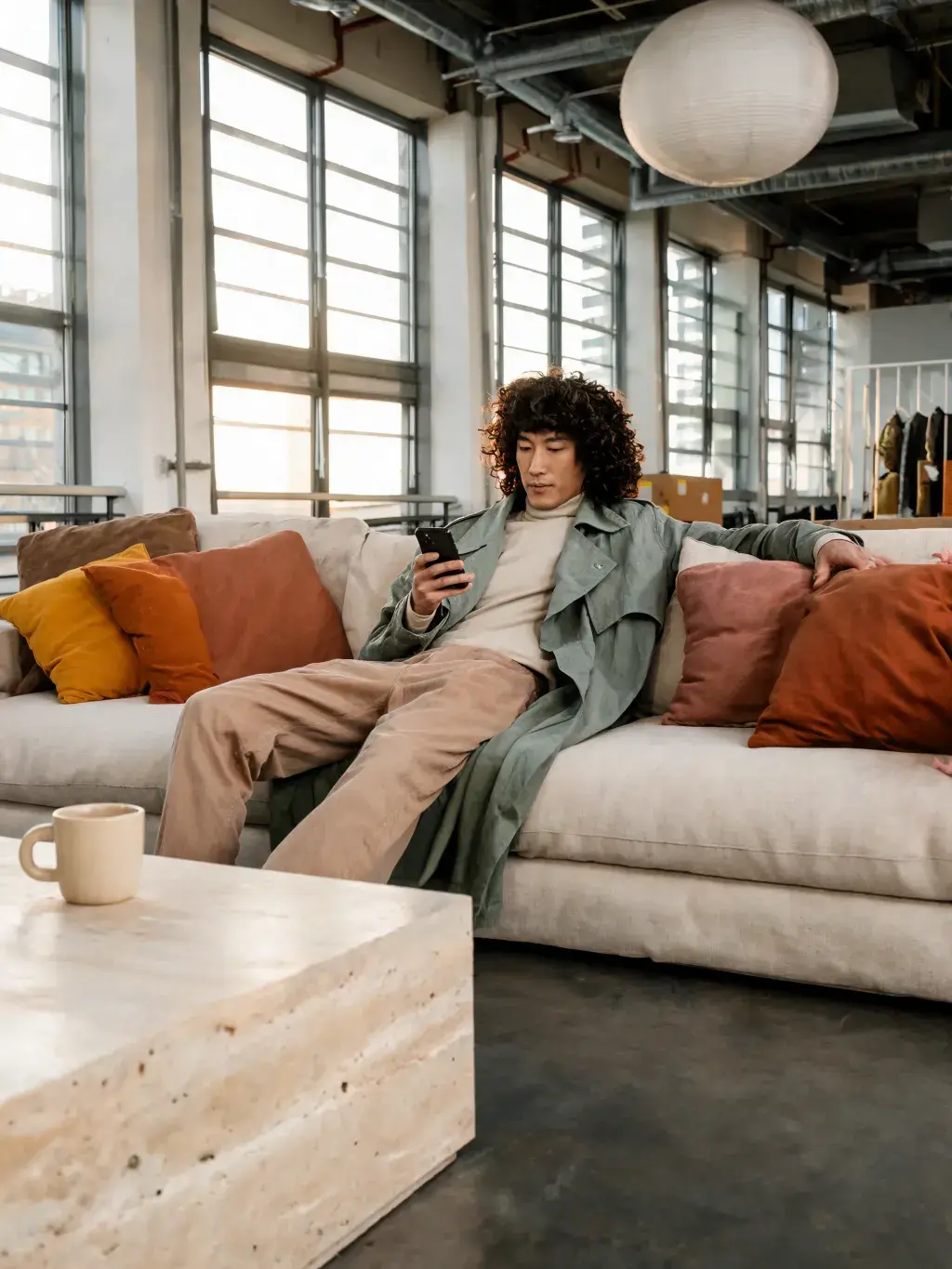 Femme manteau vert sur canapé avec téléphone