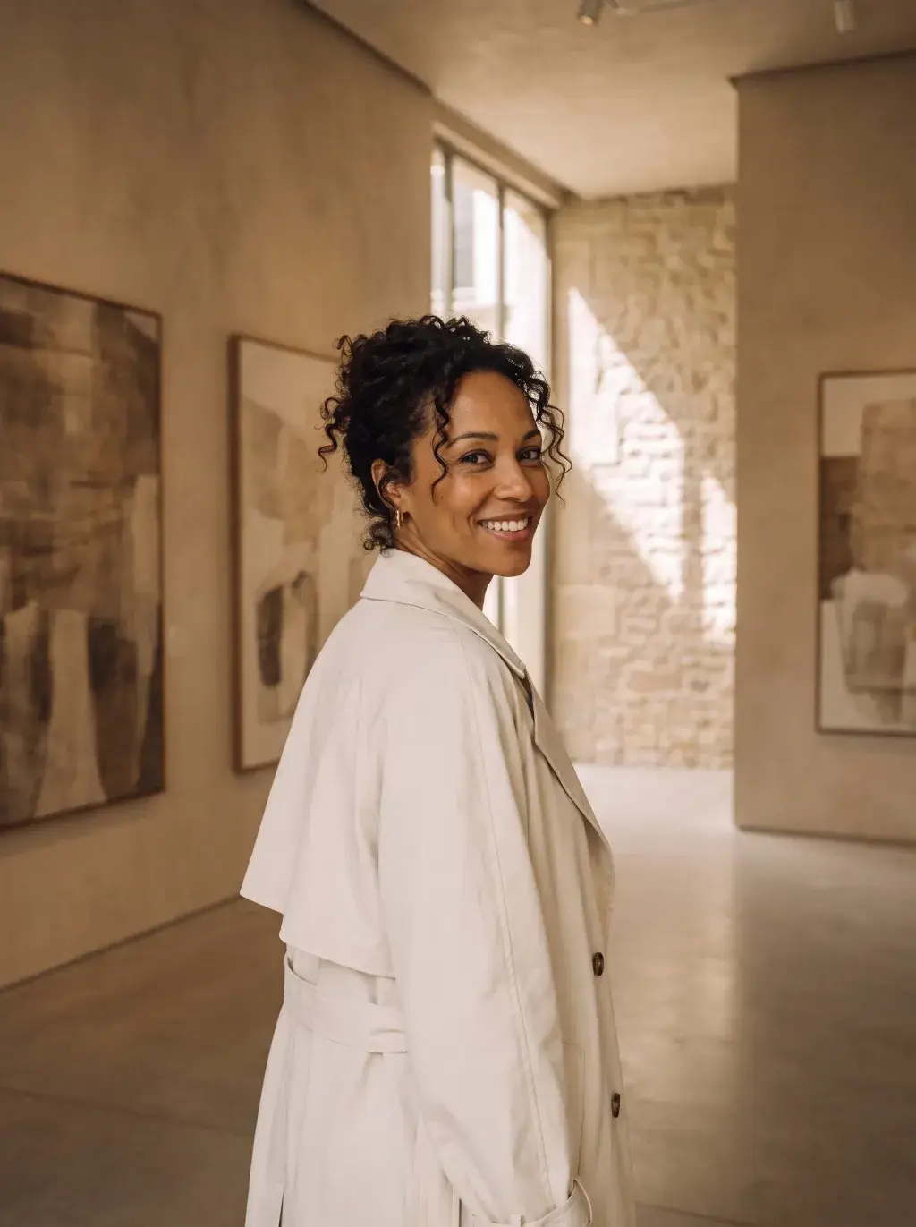 Femme noire en trench blanc visitant une galerie d'art